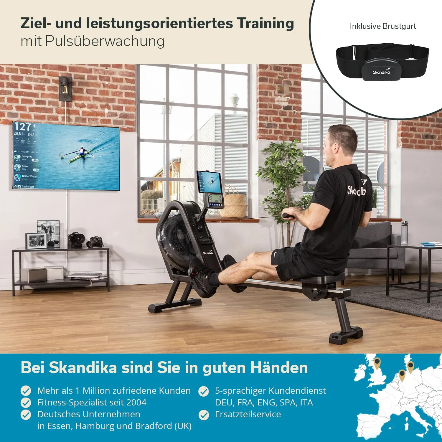 Person sitzt auf einem Rudergerät in einem modernen Raum. An der Wand ein Fernseher mit einem Grafikdisplay.