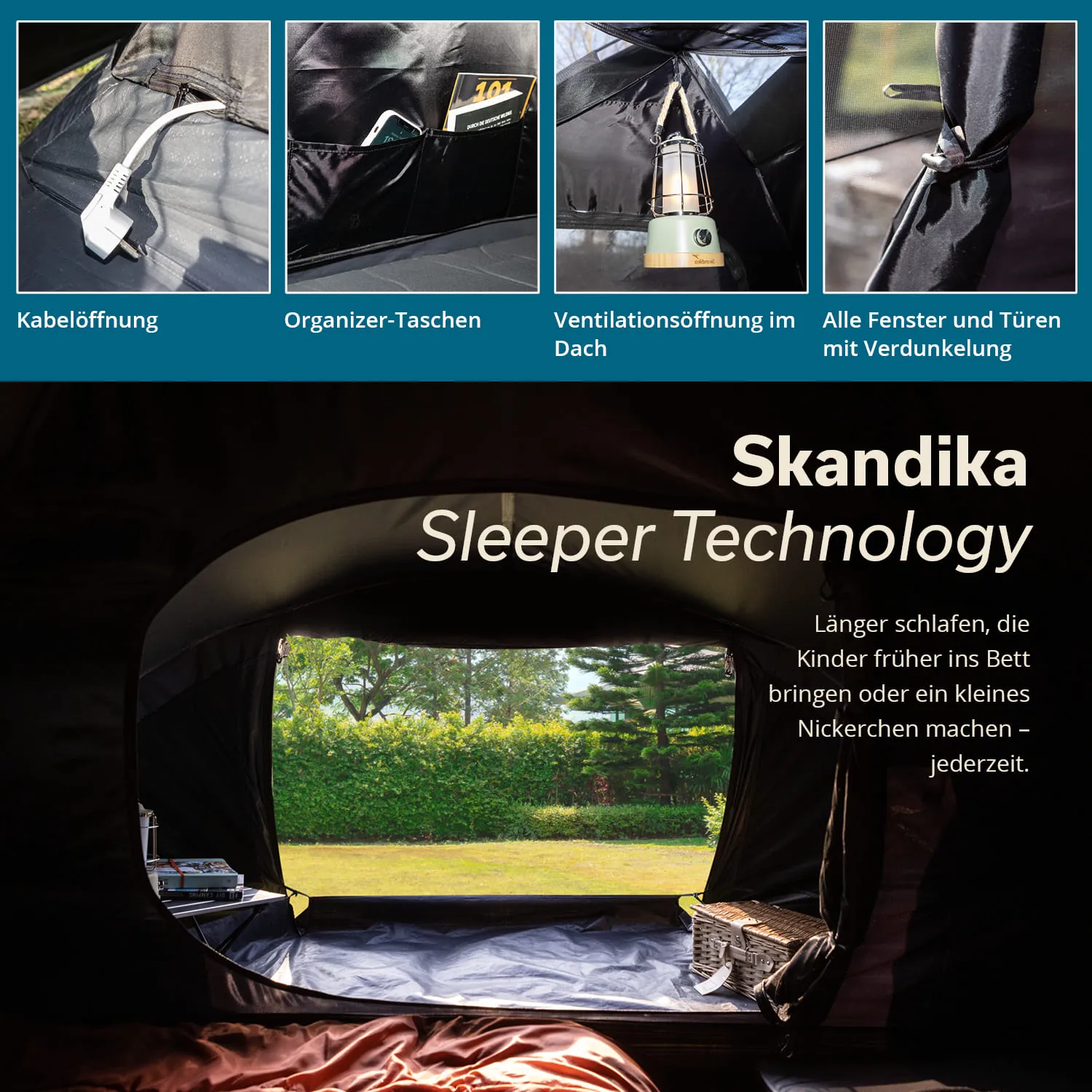 Innenansicht eines Zeltes mit Fenster und verschiedenen Details wie Kabelöffnung, Organizer-Taschen und Ventilationsöffnung. Text über Schlaftechnologie.