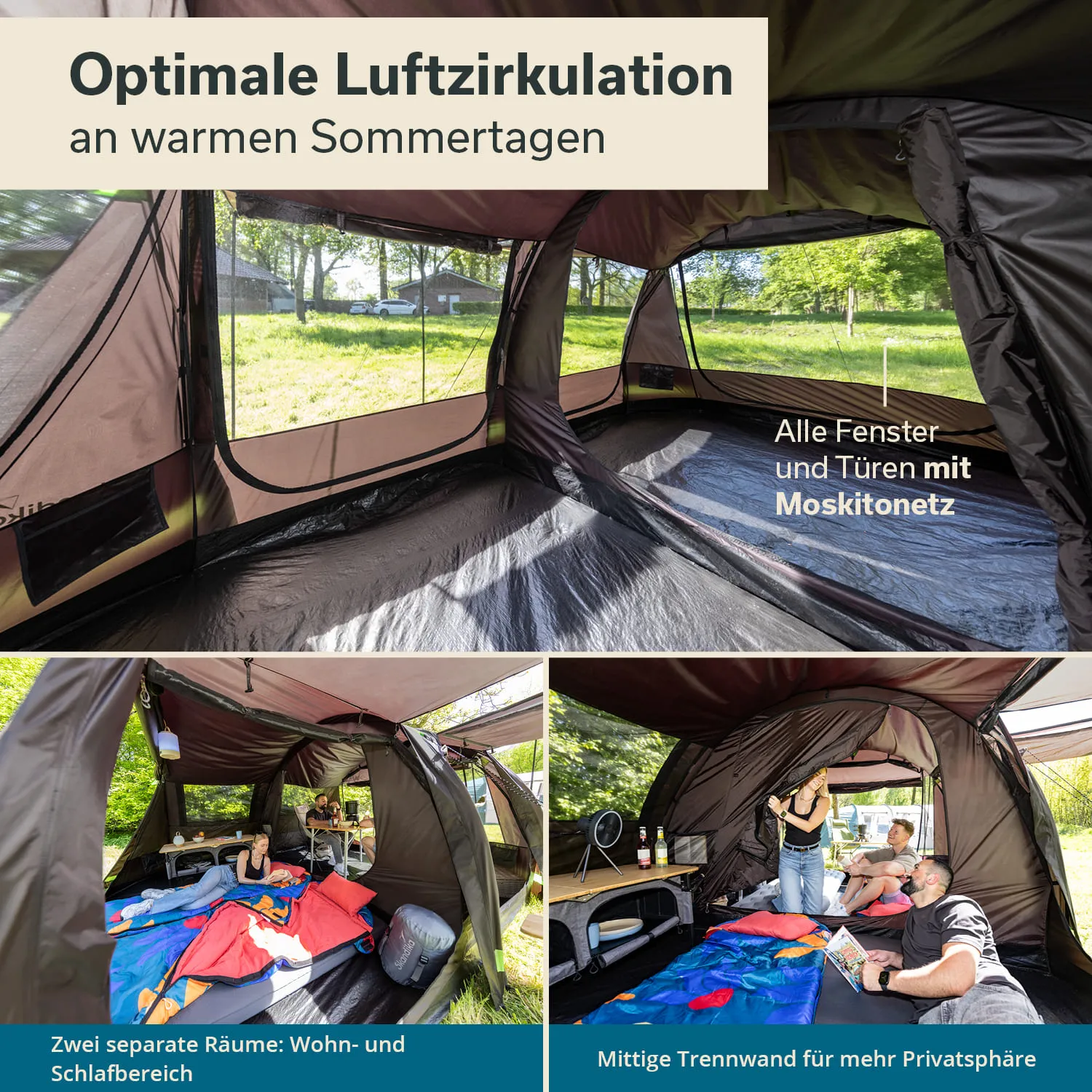 Gesamtansicht eines Zeltinneren mit Fenstern und Türen aus Moskitonetz. Zwei separate Bereiche mit Schlaf- und Wohnmöglichkeiten.