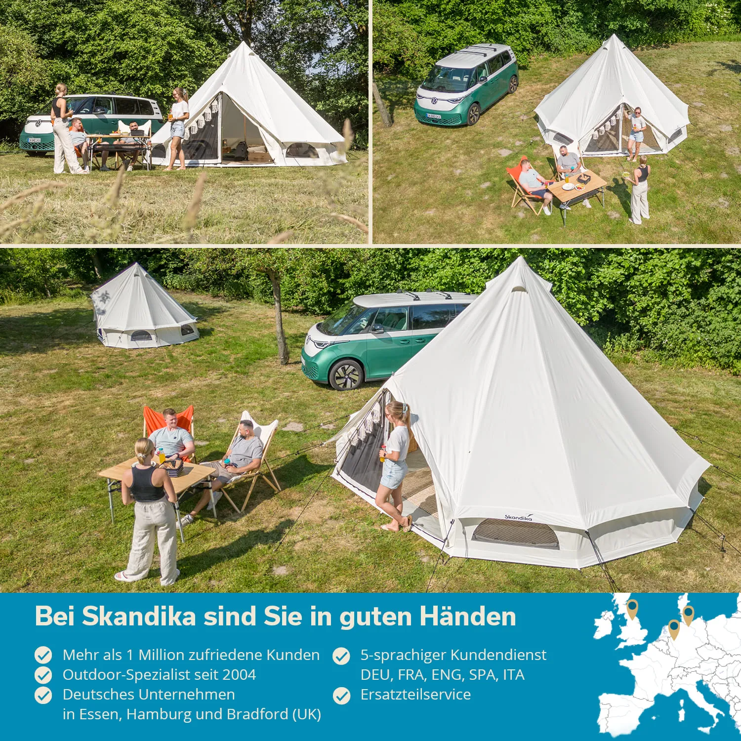 Zwei Zelte stehen auf einer Wiese. Personen sitzen an einem Tisch und unterhalten sich. Ein Fahrzeug parkt in der Nähe.