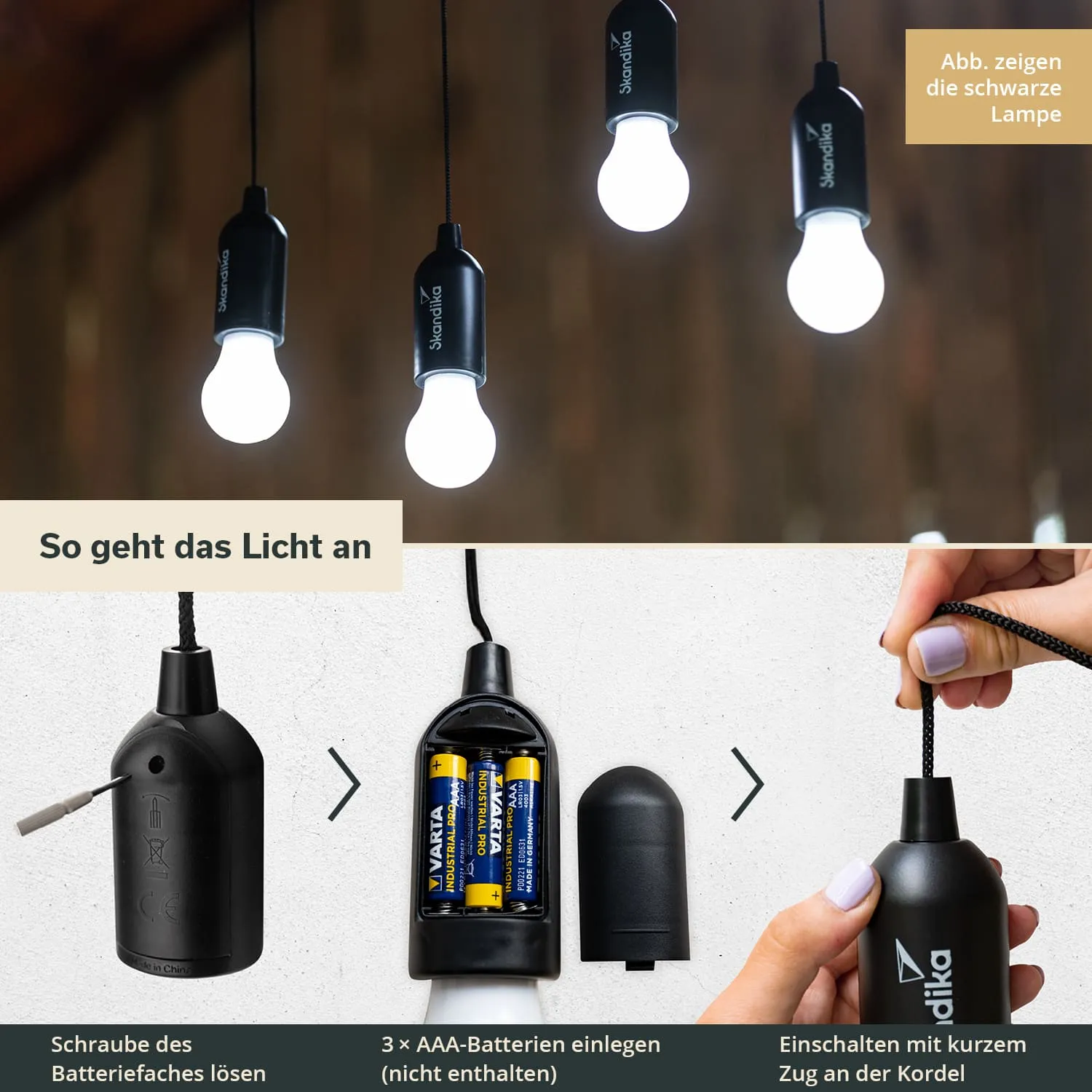 Drei hängende Lampen mit leuchtenden Glühbirnen, darunter ein Hinweis zur Batterienutzung und Bedienung.