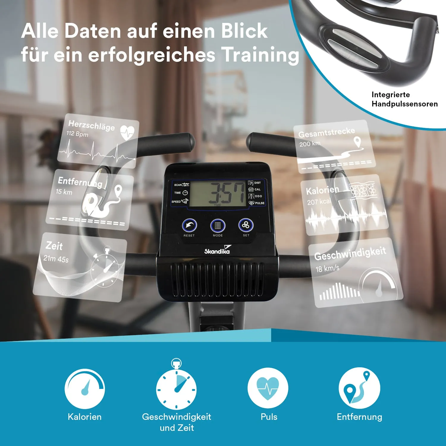 Display eines Fitnessgeräts mit Daten zu Herzfrequenz, Entfernung, Zeit, Gesamtdistanz, Kalorien und Geschwindigkeit.
