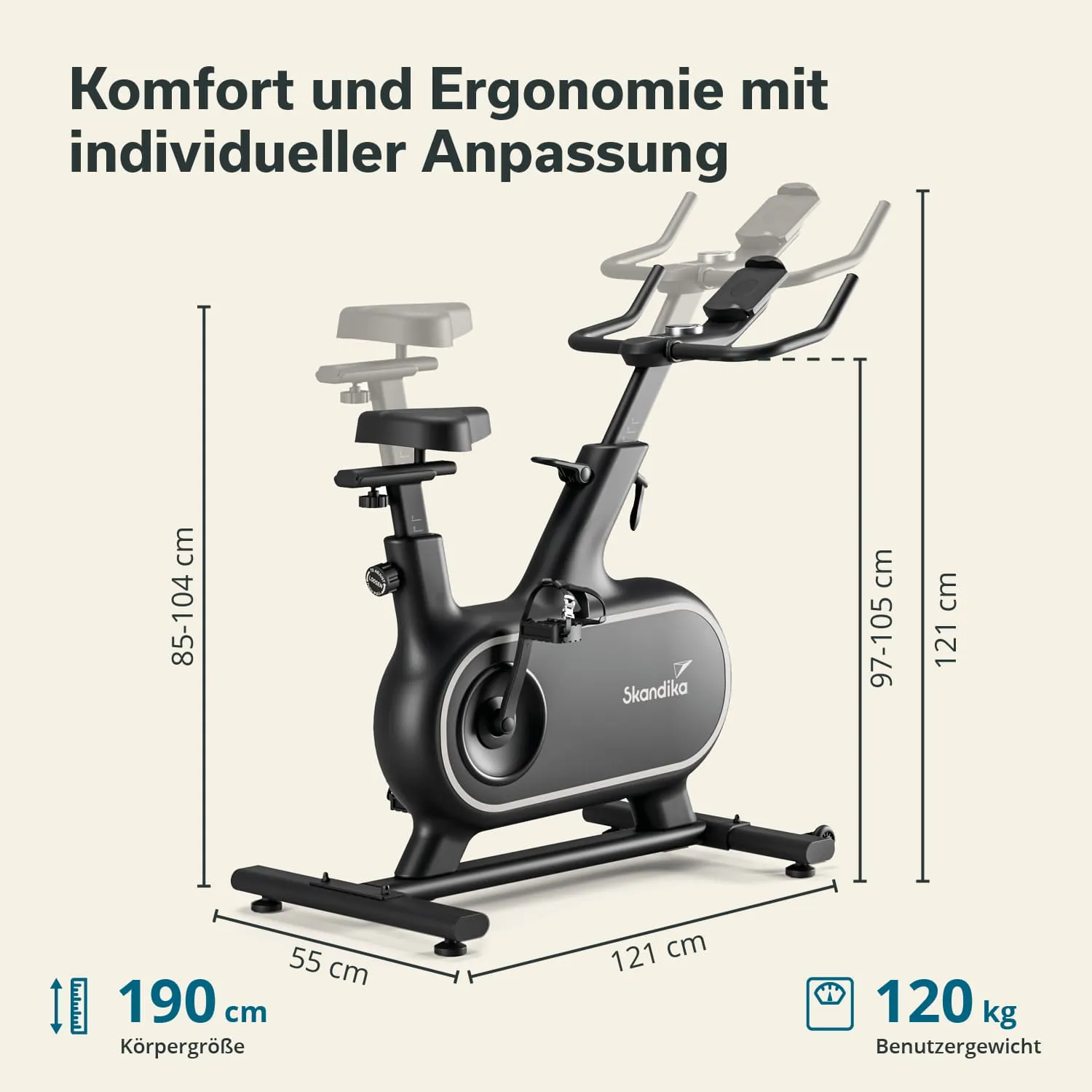 Ergometer mit verstellbaren Sitzen, schwarz, Maße und Gewichtsangaben in cm und kg, auf hellbeigem Hintergrund.