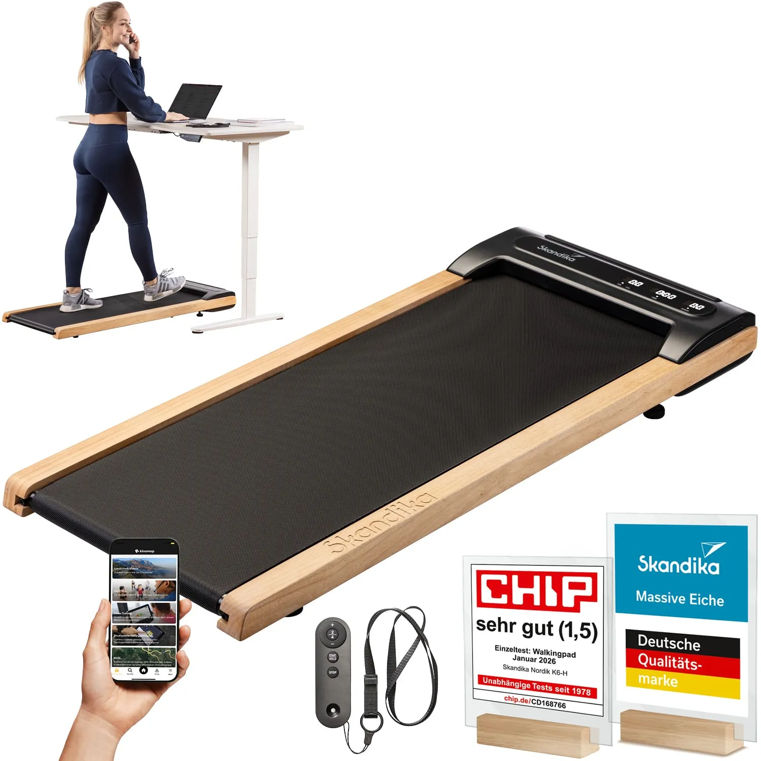 Ein Walking Pad mit Holzrahmen, daneben eine Person am Stehpult mit Laptop, Smartphone und Fernbedienung. Zertifikate sind sichtbar.