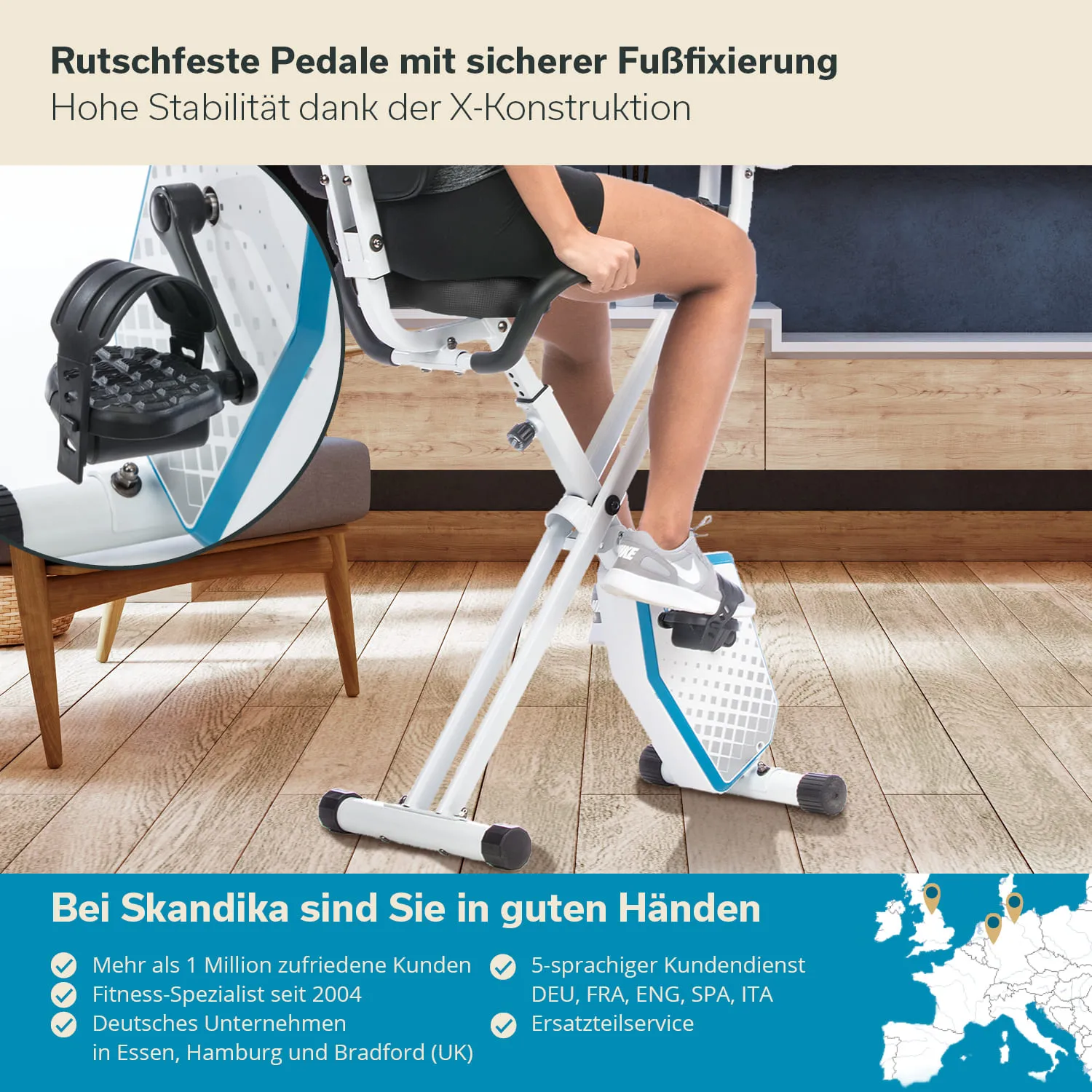 Eine Fitnessmaschine mit rutschfesten Pedalen steht im Vordergrund. Eine Person sitzt darauf und benutzt die Pedale. Im Hintergrund sind eine Wand und ein Boden aus Holz zu sehen. Text beschreibt die Eigenschaften der Maschine und den Kundenservice.