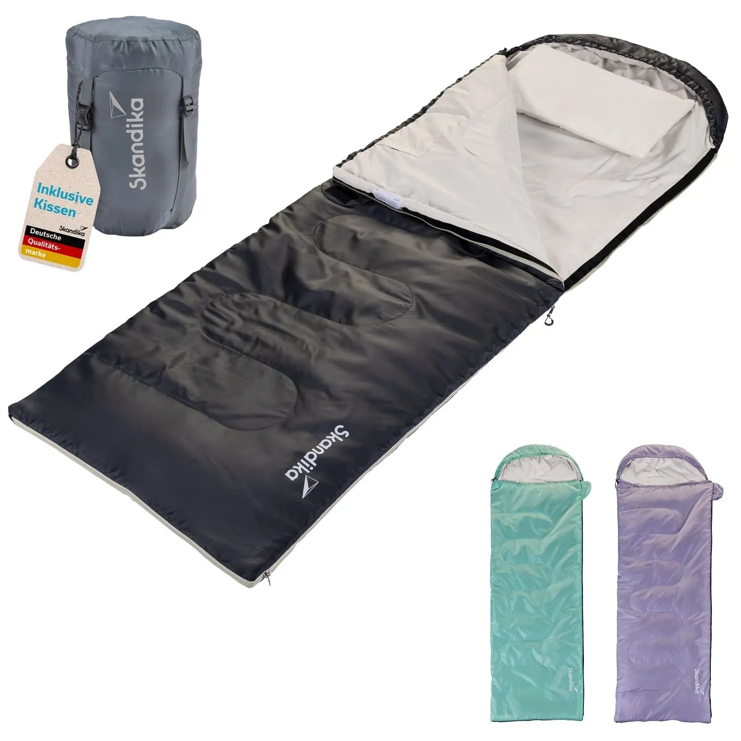 Ein Schlafsack in Schwarz mit einem beigen Innenfutter und einem Kissen. Daneben ein grauer Packsack und zwei weitere Schlafsäcke in Grün und Lila.