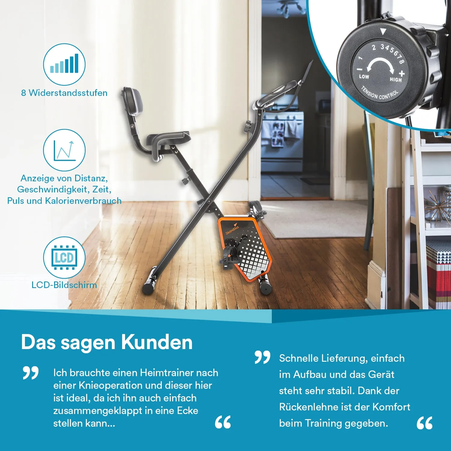 Klappbarer Heimtrainer mit LCD-Bildschirm, Widerstandseinstellungen und Rückenlehne in einem Wohnraum. Holzfußboden und Tür im Hintergrund.