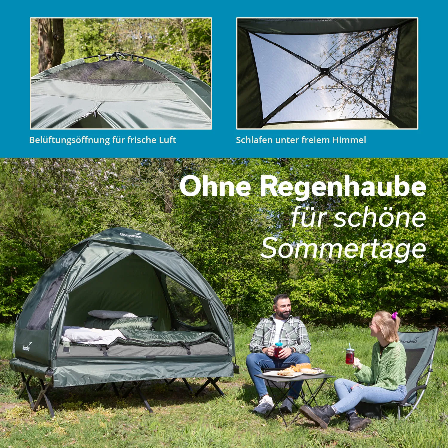 Zelt mit offenem Dach in der Natur, zwei Personen sitzen davor auf Klappstühlen und genießen Snacks und Getränke.