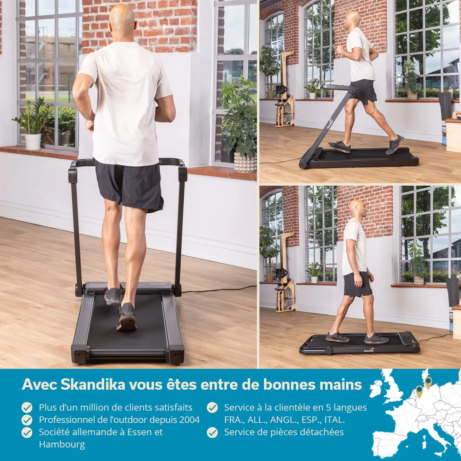 Person auf einem Laufband in einem gut beleuchteten Raum mit Fenstern, Holzfußboden und Pflanzen.
