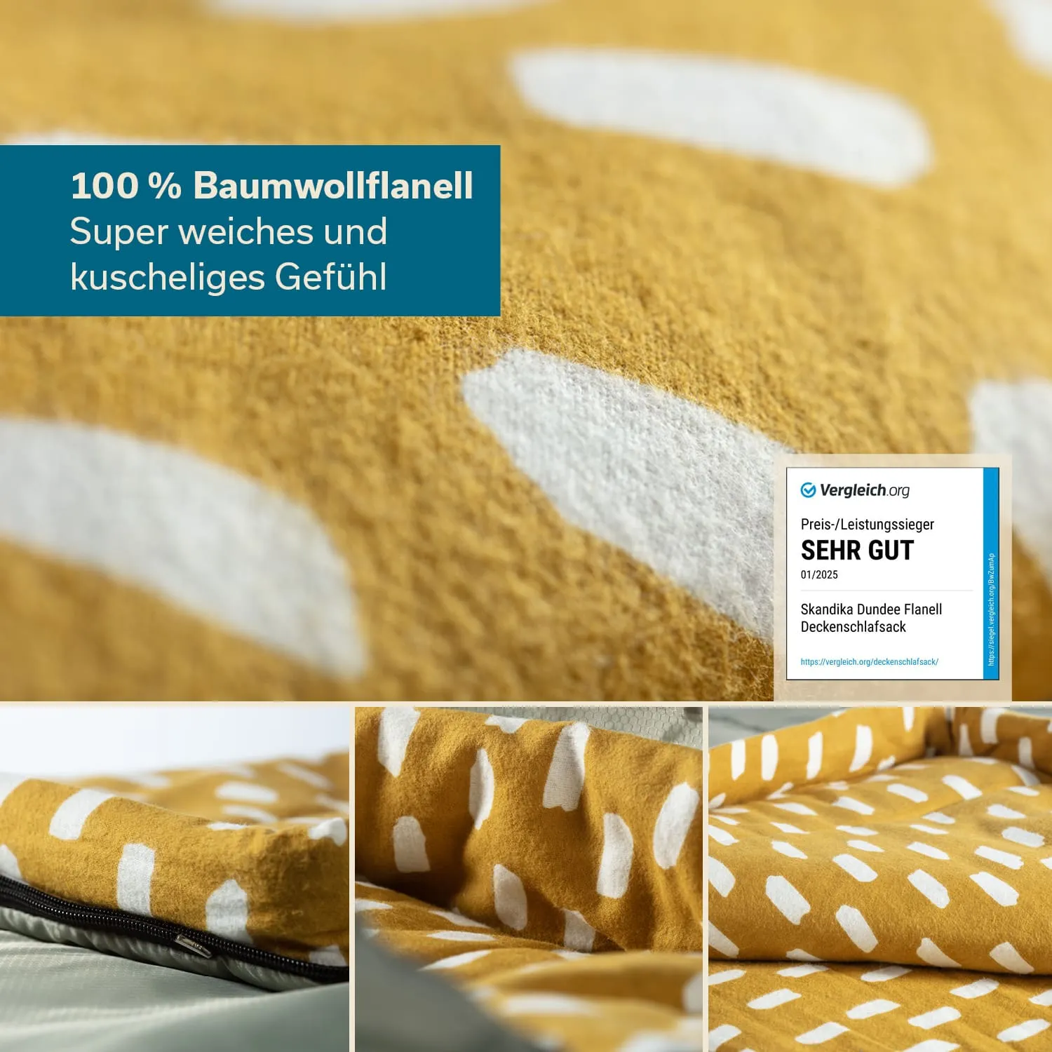 Baumwollflanell mit weißen Mustern auf gelber Oberfläche, zwei Ansichten des Stoffes und eine Bewertung „SEHR GUT“.