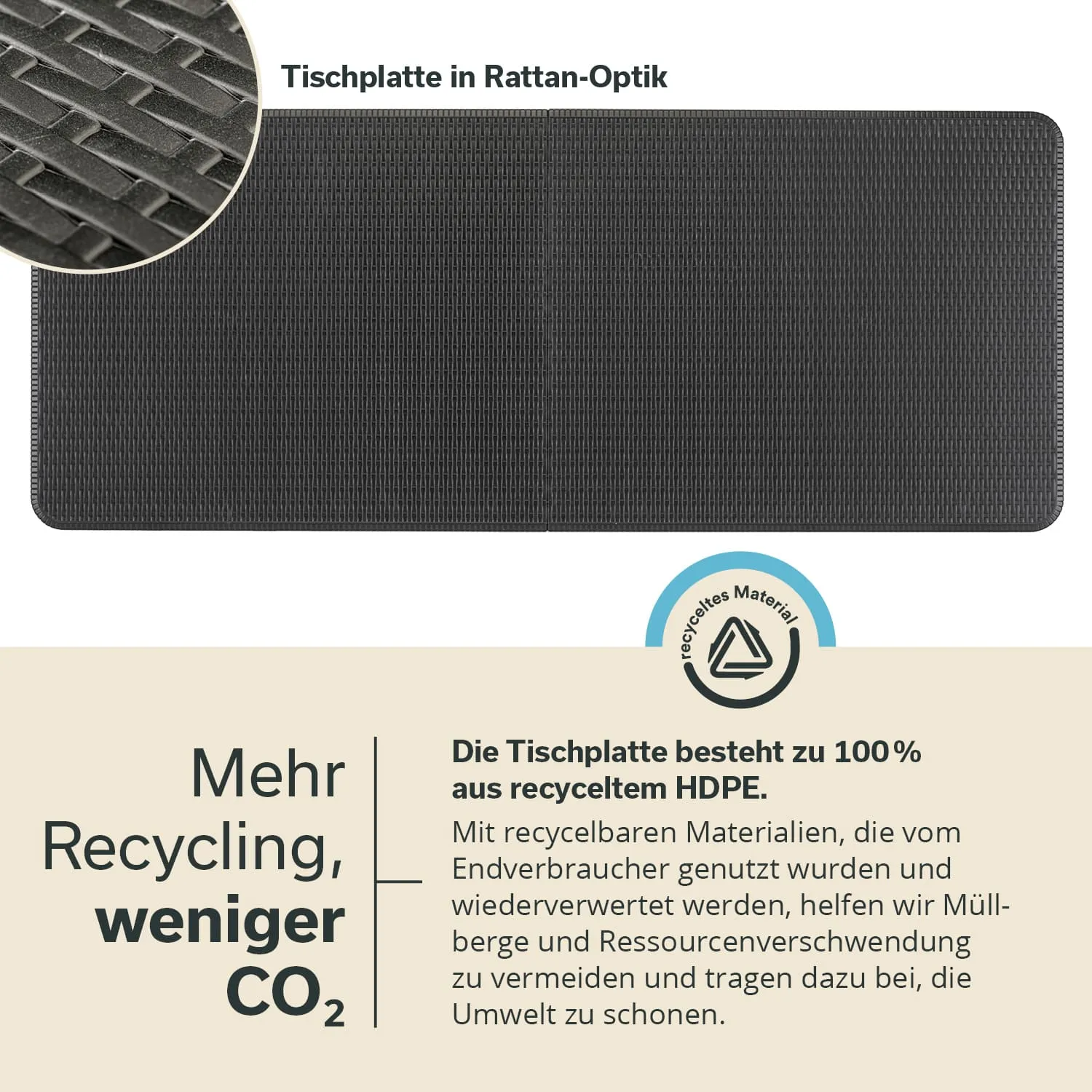 Schwarze Tischplatte in Rattan-Optik, rechteckig, mit Textur. Hinweis auf Recyclingmaterialien und Umweltfreundlichkeit.