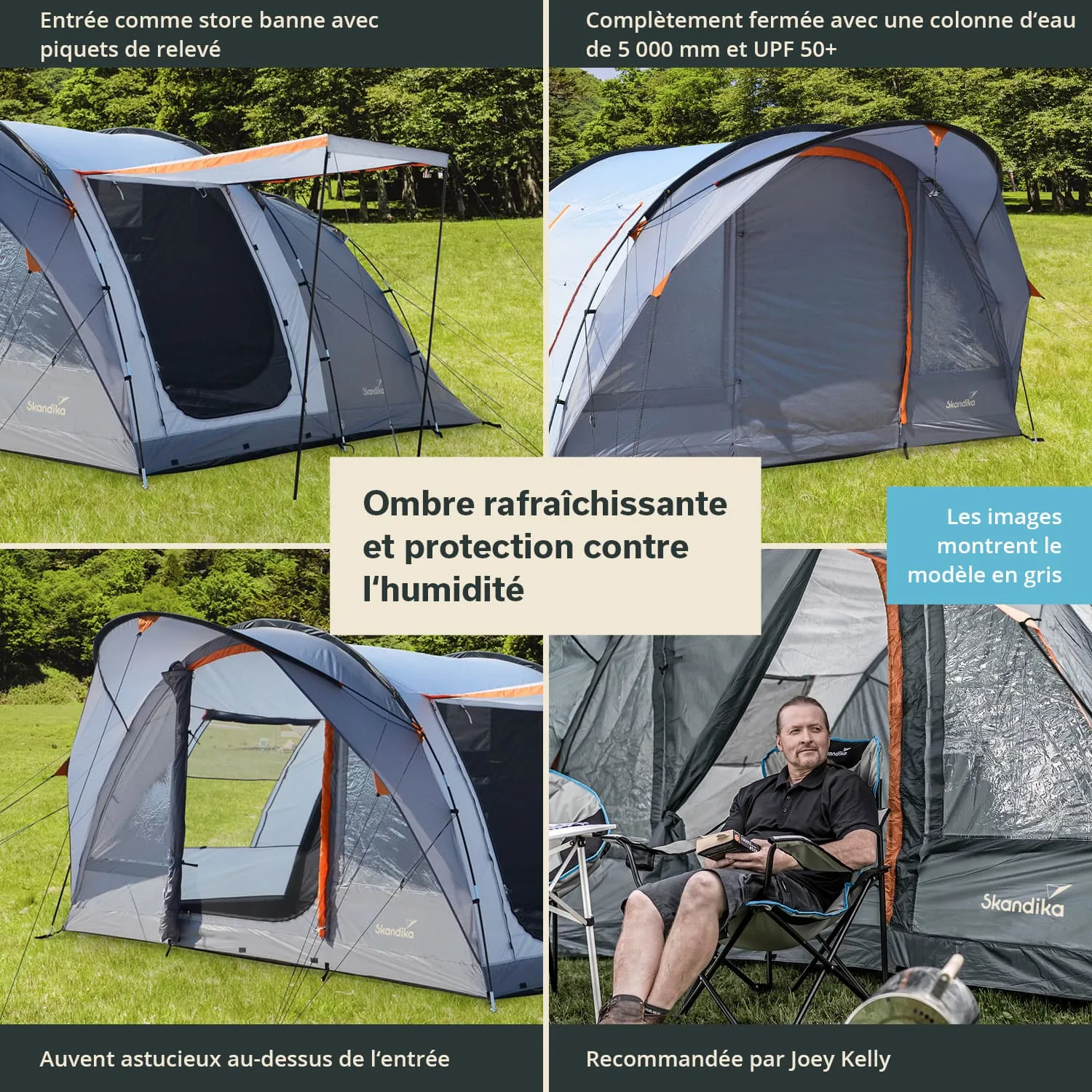 Zelt mit graublauer Außenplane, offene Vorderseite, grüne Wiese und Bäume im Hintergrund. Person sitzt entspannt in einem Stuhl.