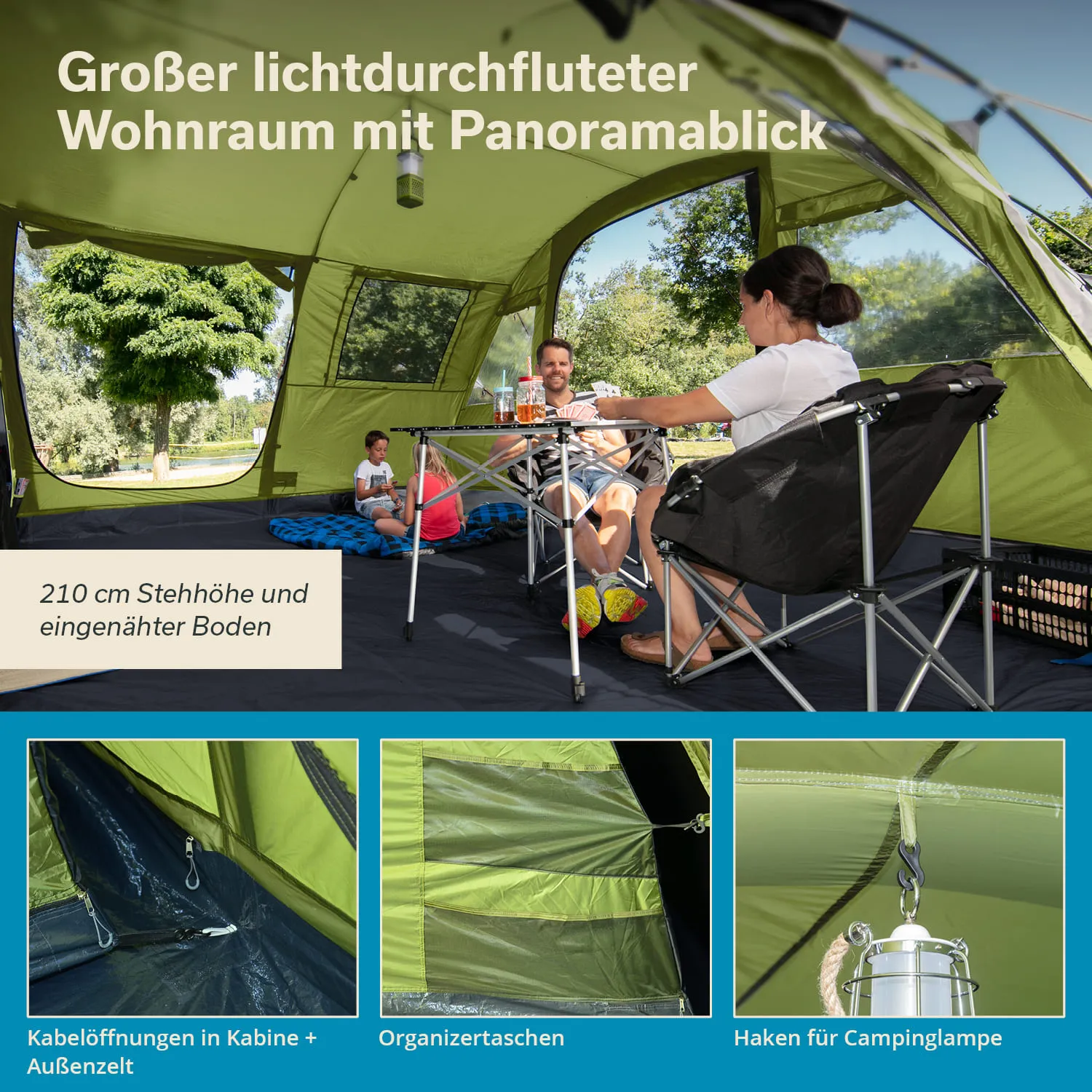 Großer, lichtdurchfluteter Wohnraum eines Zeltes mit Panoramablick. Zwei Personen sitzen an einem Tisch, im Hintergrund Kinder auf einer Liegefläche.