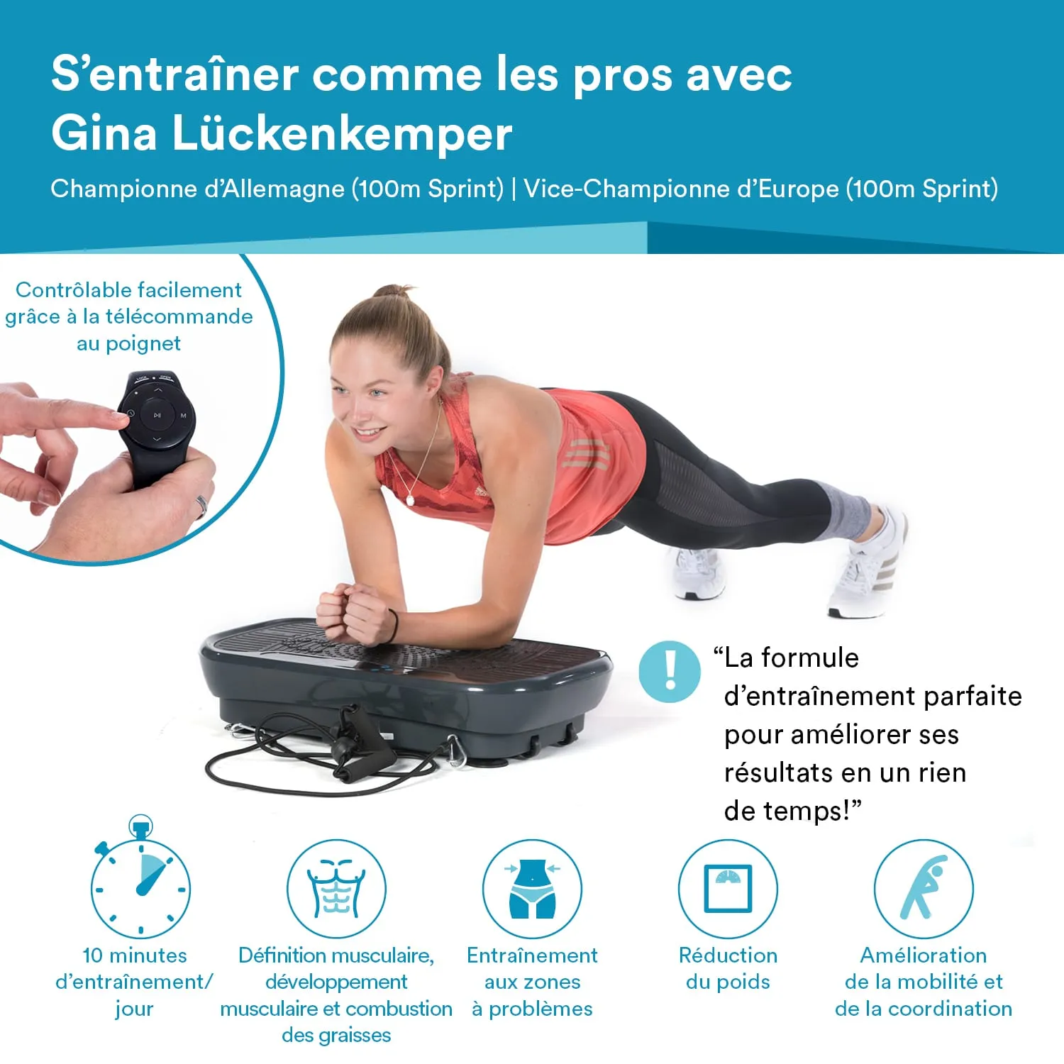 Person in Plank-Position auf einem Fitnessgerät, mit Hand an Fernbedienung. Text über Training und Vorteile.