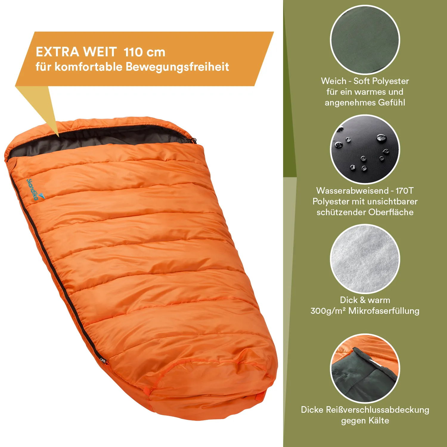 Oranger Schlafsack mit Kapuze, gepolstert und wasserabweisend. Textinformation über Eigenschaften in einem strukturierten Layout.