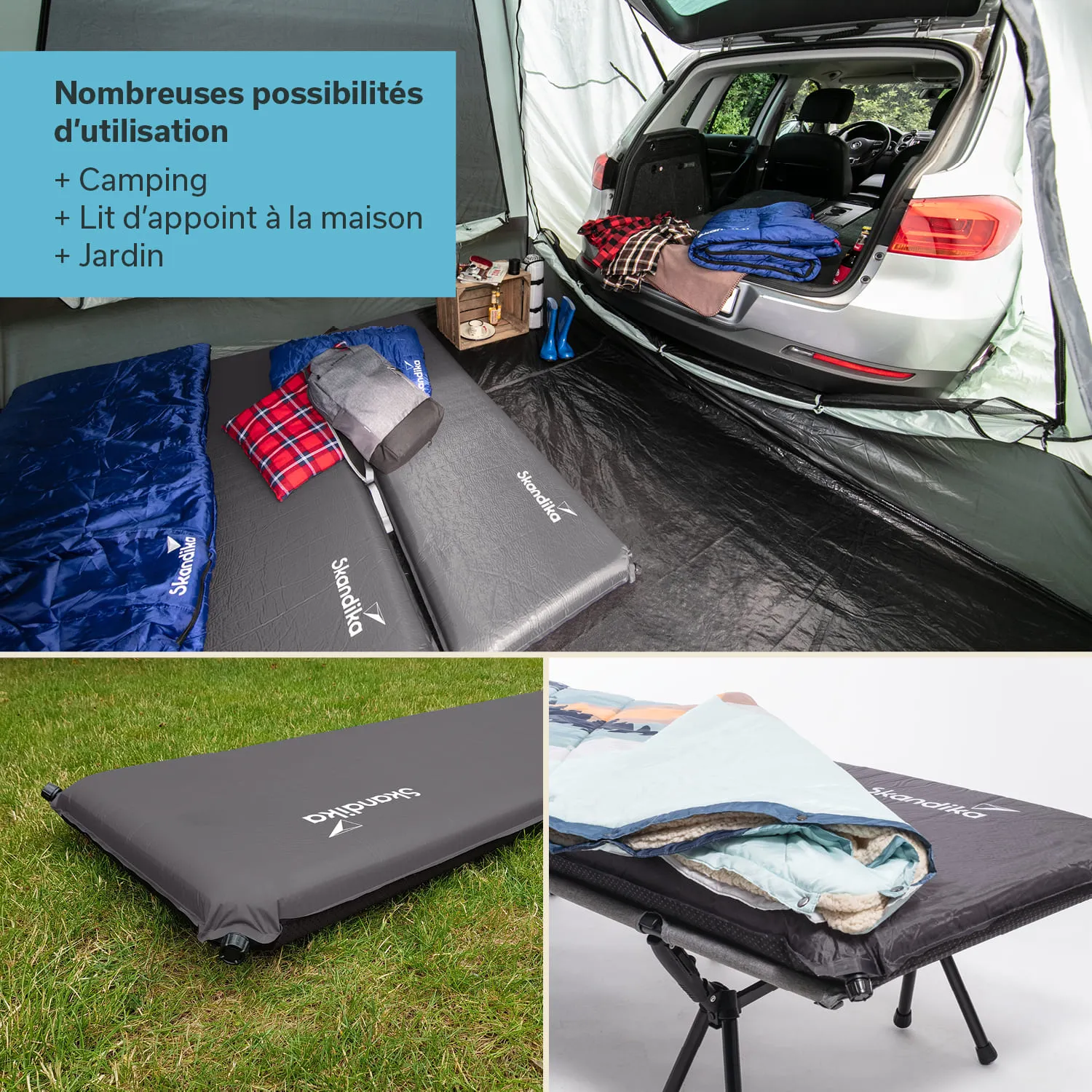 Schlafmatten sind in einem Zelt und neben einem Auto ausgelegt. Decken und Kissen sind sichtbar.