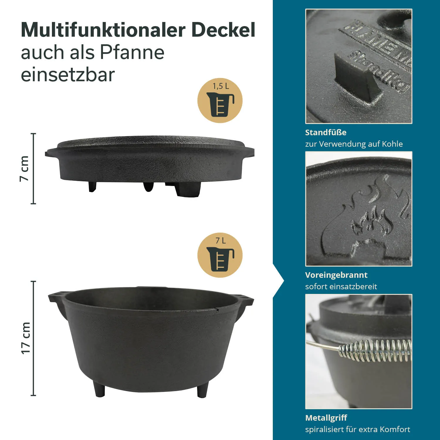 Multifunktionaler Deckel aus Gusseisen, einsetzbar als Pfanne. Abgebildet werden zwei Modelle: oben mit 1,5 L, unten mit 7 L. Maßangaben sind 7 cm und 17 cm. Zusatzfunktionen wie Standfüße und Metallgriff sind erwähnt.