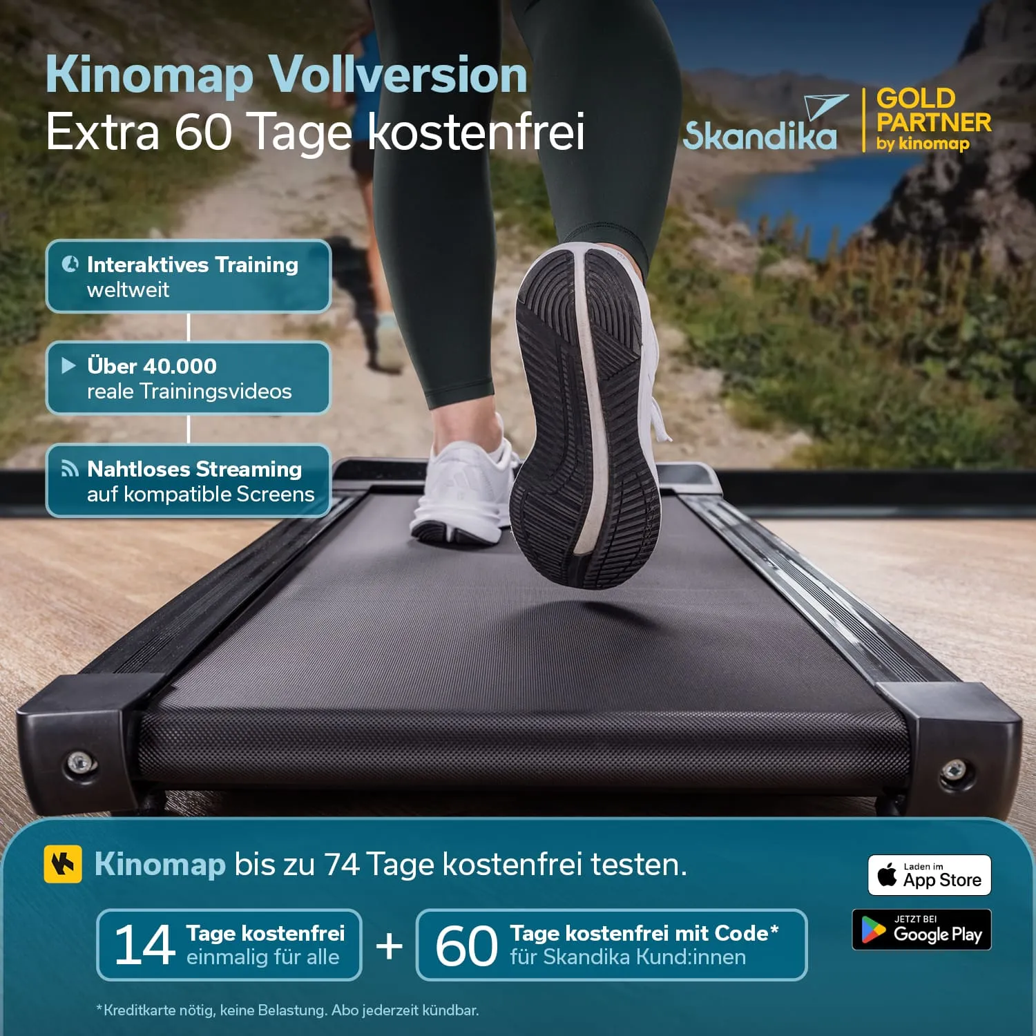 Ein Fuß einer Person auf einem Laufband, umgeben von Textinformationen über Kinomap, Trainingsvideos und Testangebote.