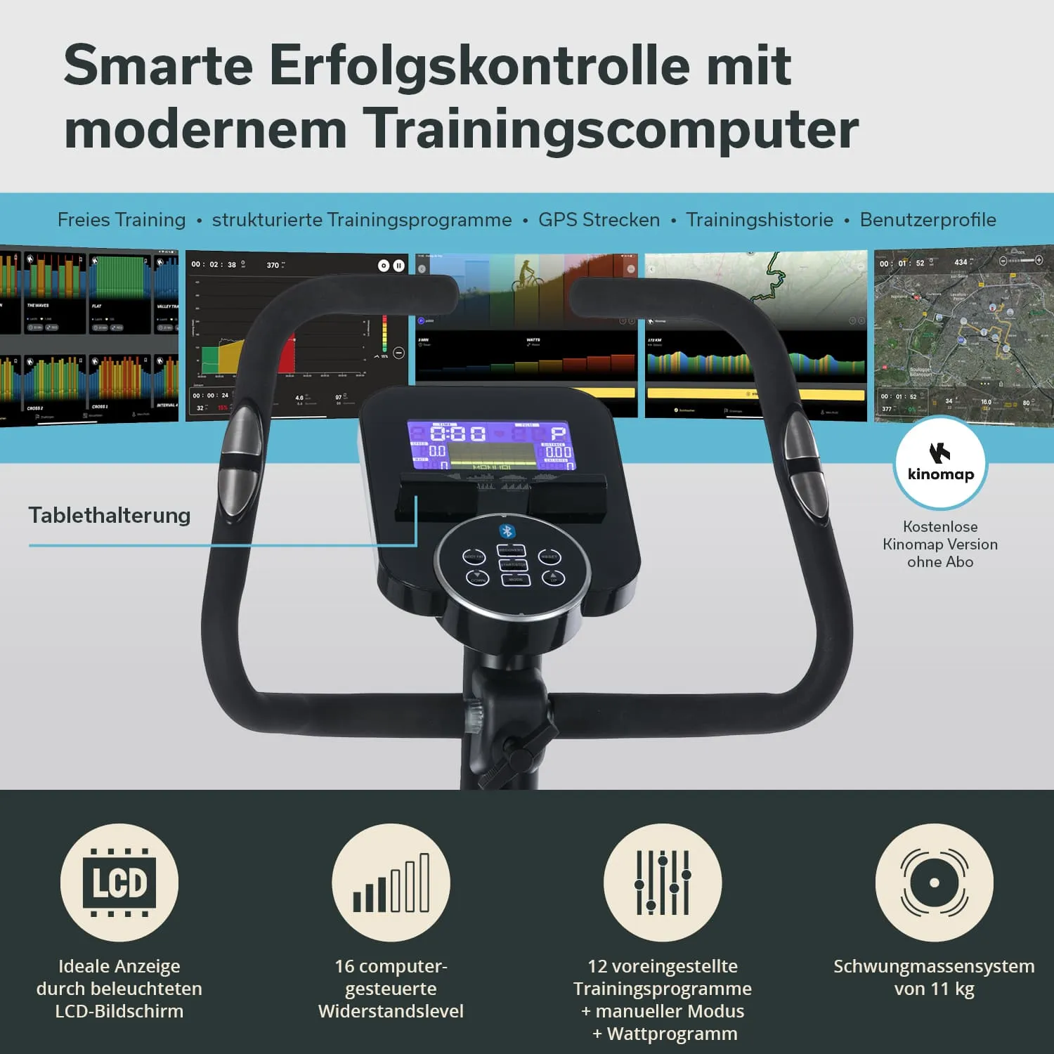 Ellipsentrainer mit LCD-Bildschirm und Tablet-Halterung, dargestellt mit verschiedenen Trainingsstatistiken im Hintergrund.