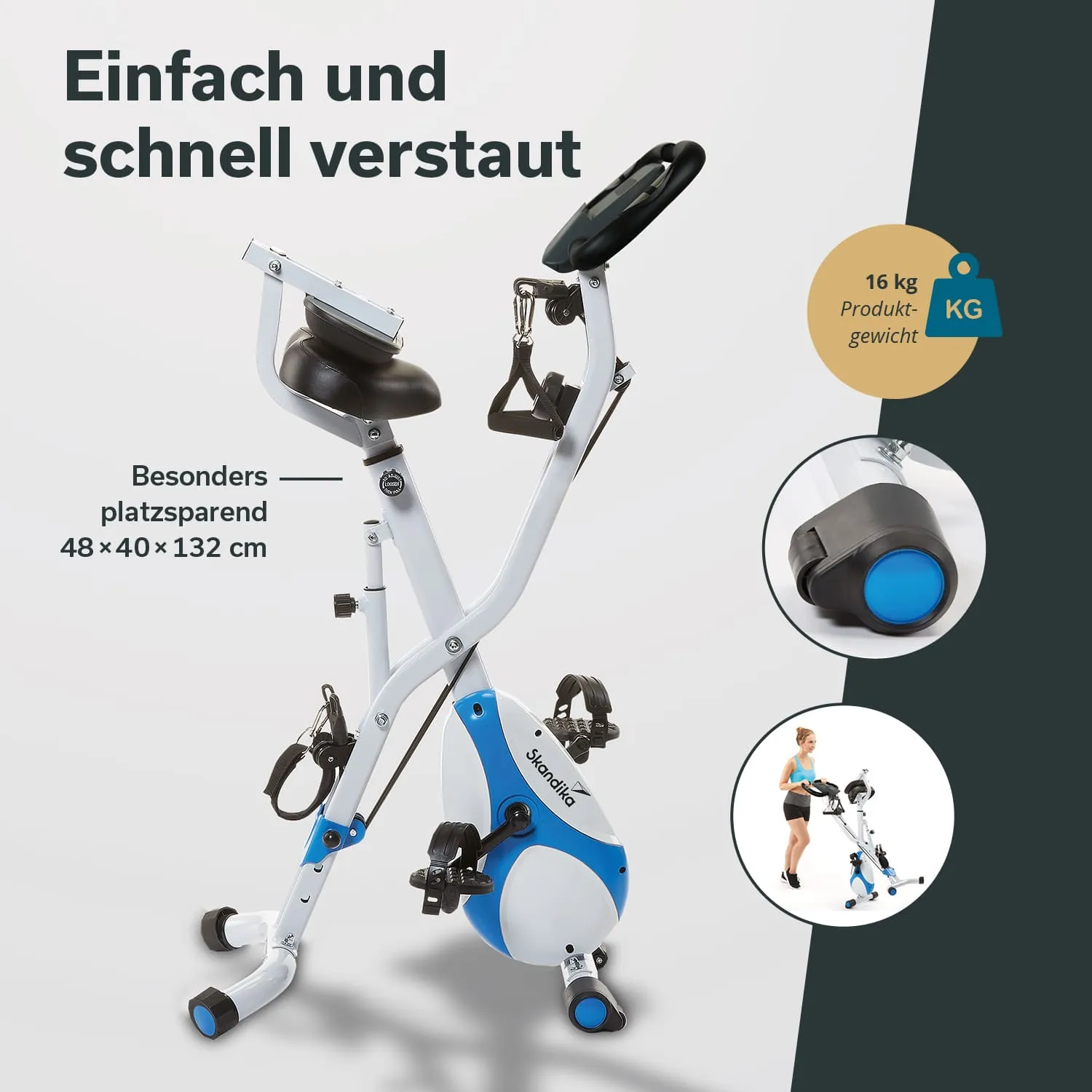 Fahrrad-Ergometer mit höhenverstellbarem Sitz und Pedalen, beschreibt platzsparende Maße und Gewicht in Text.