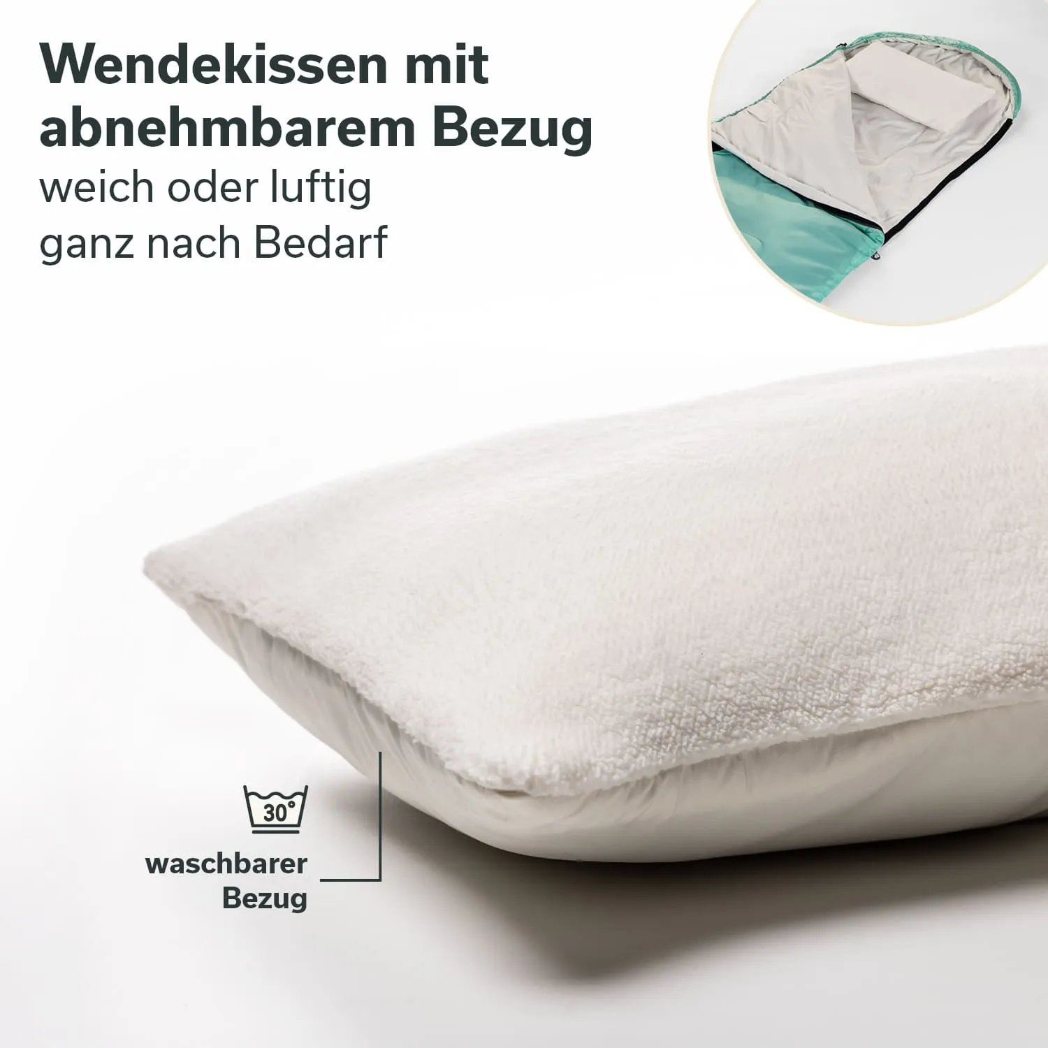 Wendekissen mit abnehmbarem Bezug in hellem Farbton, weich und luftig. Hinweis auf waschbaren Bezug bei 30°.
