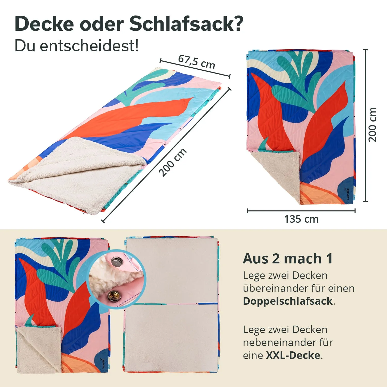 Bunte Decke oder Schlafsack, gemusterte Oberseite mit Pflanzenmotiven, weiche Unterseite, zusätzliche Maße und Anweisungen.