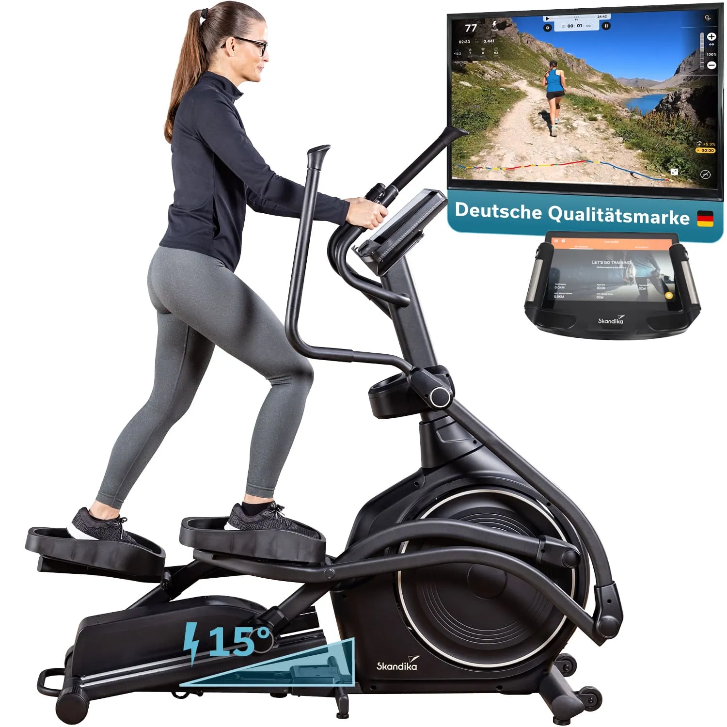 Fitnessgerät (Ellipsentrainer) mit einer Person in Sportkleidung. Monitor zeigt eine Laufstrecke in einer Naturlandschaft.