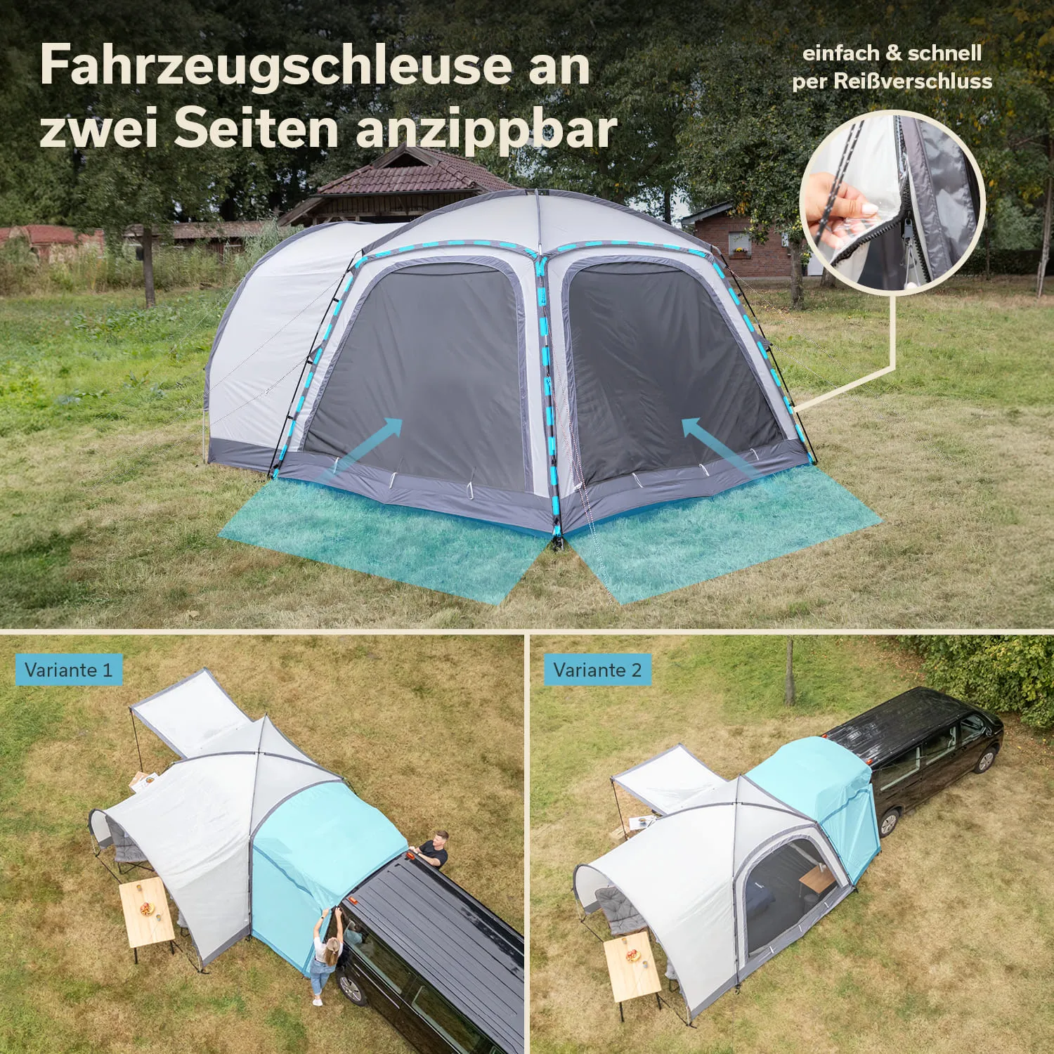 Fahrzeugschnalle im Freien, angebaut an ein Zelt mit zwei Seitenöffnungen, kombiniert mit Tischen und Stühlen.