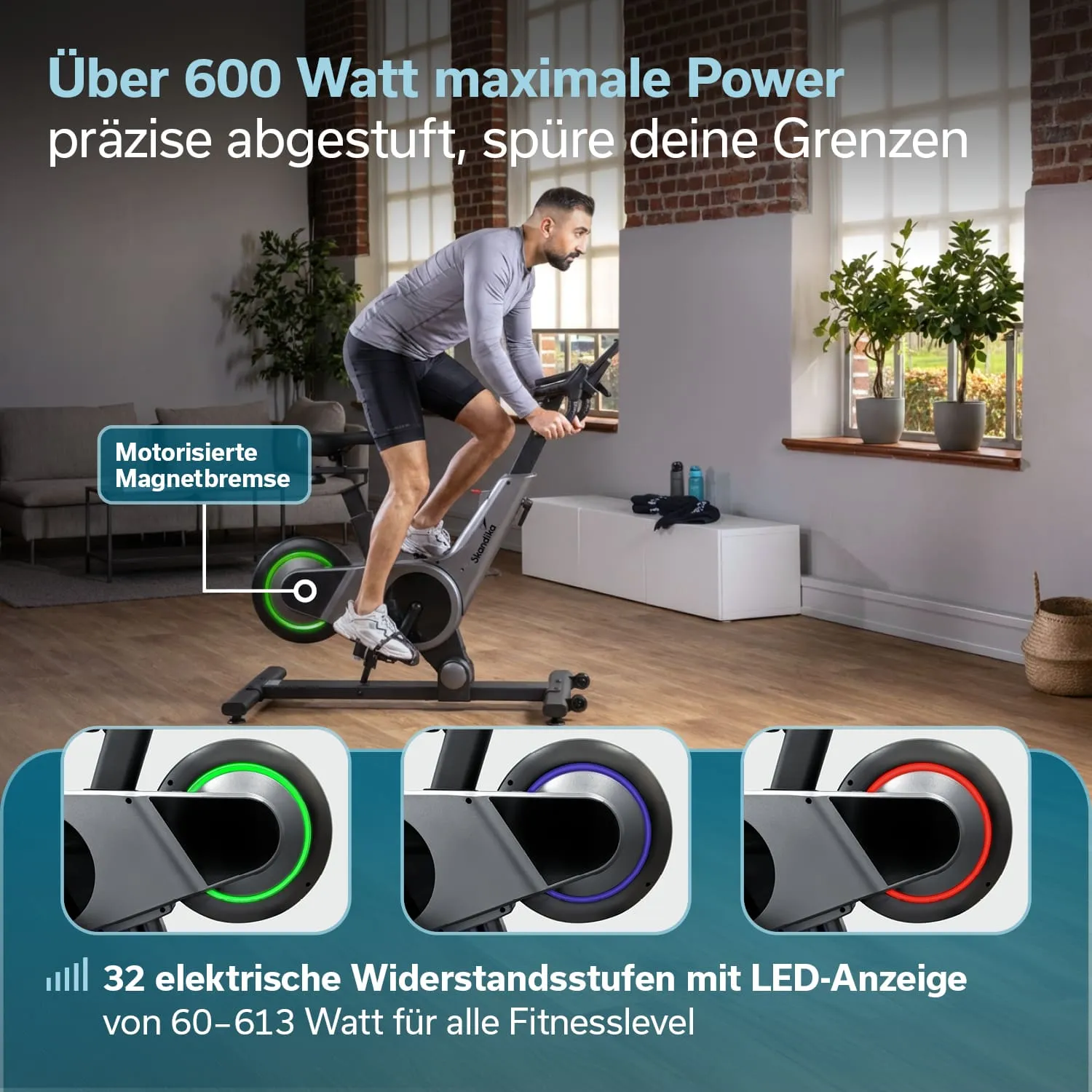 Ein Fitnessgerät zum Radfahren in einem modernen Raum. Eine Person steht auf dem Gerät. Sichtbare technische Details und Widerstandsanzeige.