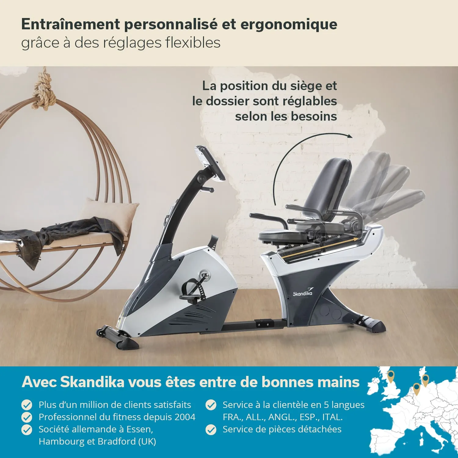 Ergometer mit verstellbarem Sitz und Rückenlehne in einem hellen Raum, im Hintergrund ein hängender Stuhl aus Rattan.
