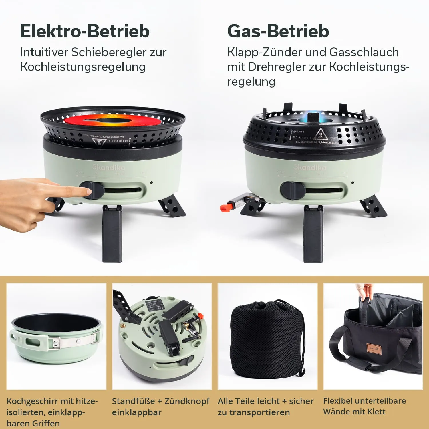 Zwei Campingkocher, links Elektro-Betrieb mit Schieberegler, rechts Gas-Betrieb mit Klapp-Zünder. Zubehör sichtbar.
