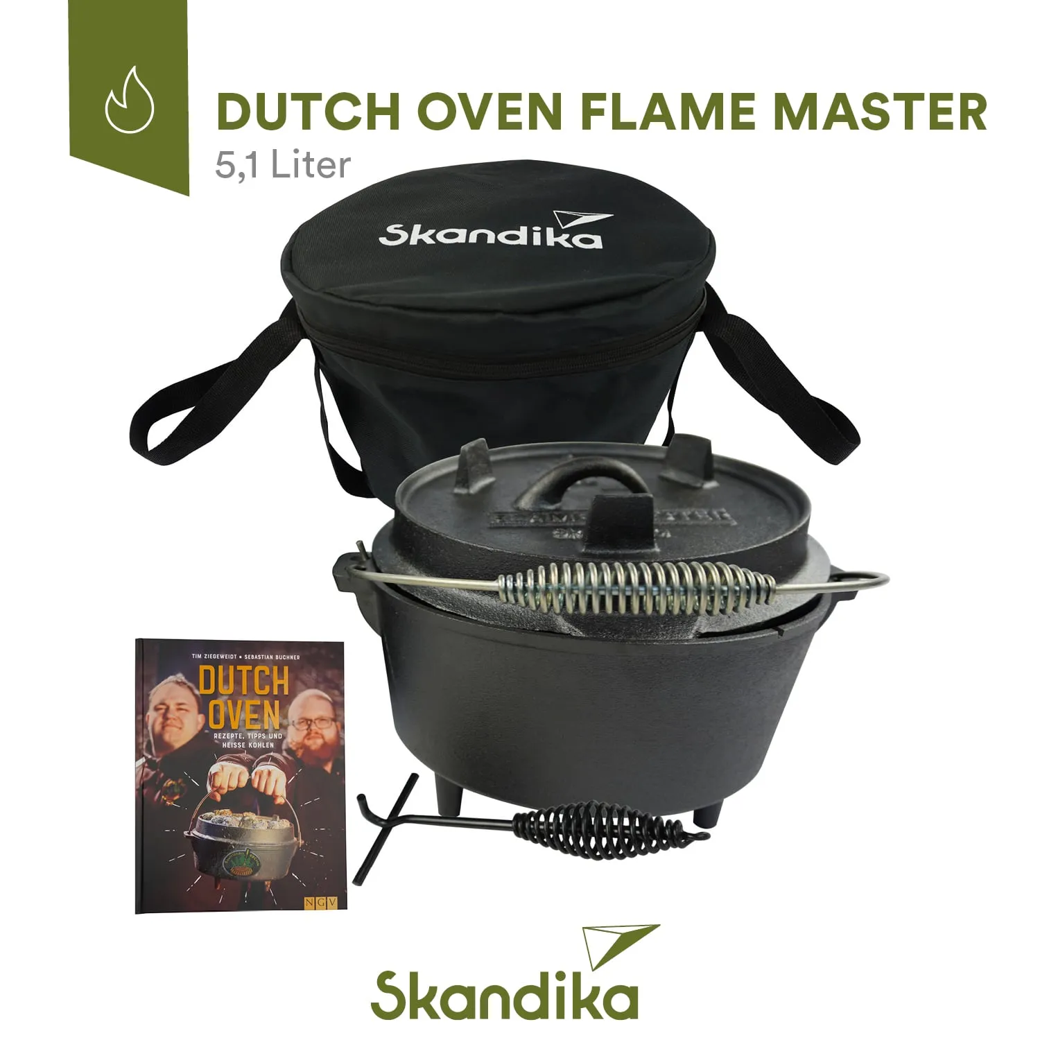 Dutch Oven von Skandika, 5,1 Liter, mit passendem Tragebeutel und Kochbuch. Aus Gusseisen, enthält einen stabilen Deckel.