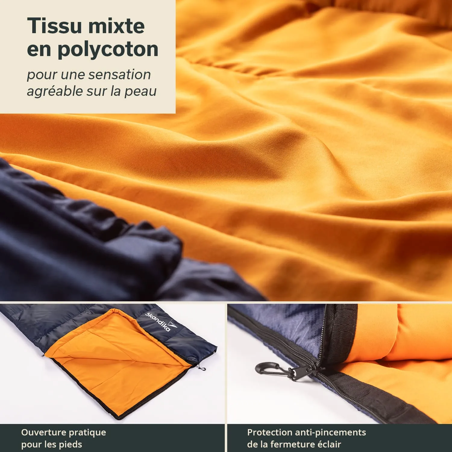Multifunktionales Schlafsack-Futter aus orangem und blauen Polyestermaterial mit Reißverschluss und Fußöffnung.