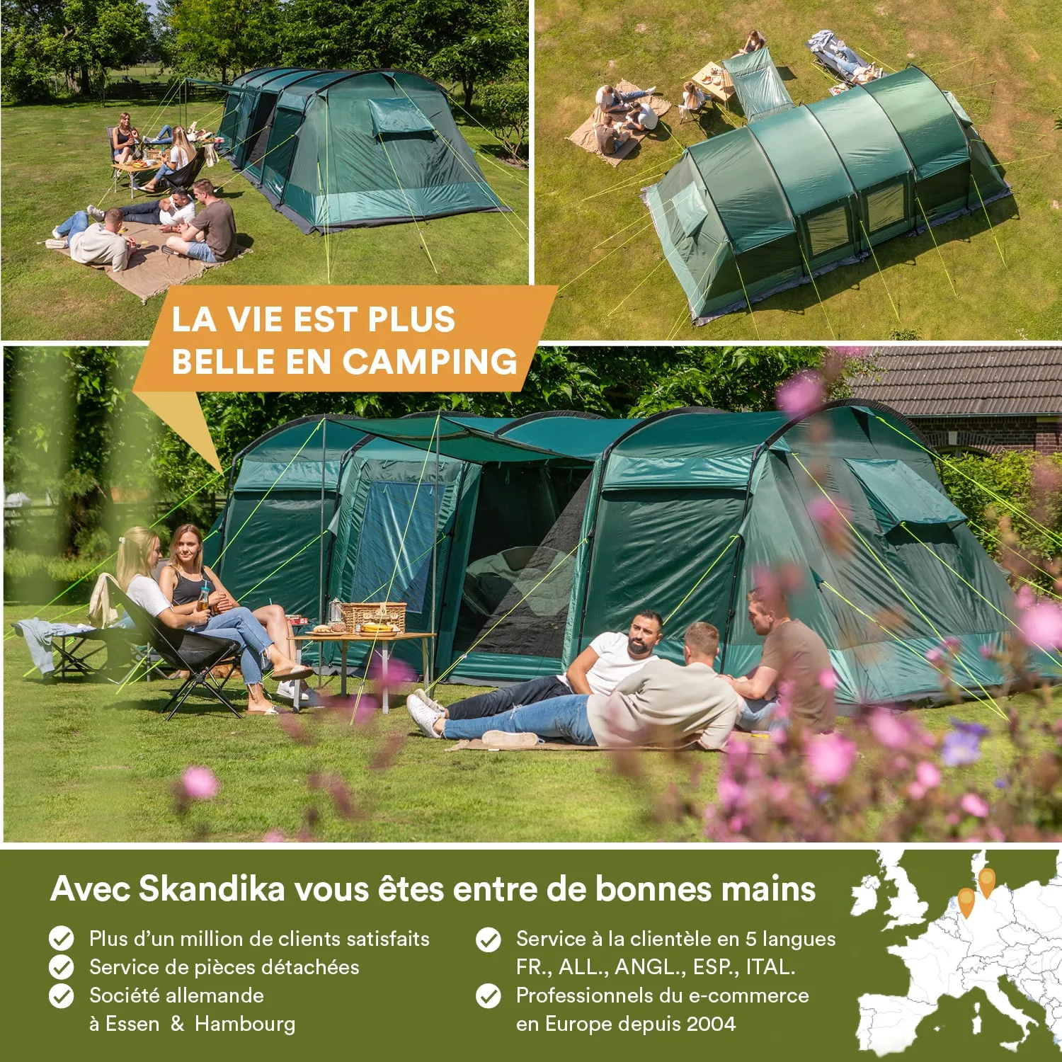 Zeltlager mit mehreren großen Zelten auf einer Wiese. Gruppe von Personen sitzt gemeinsam, es gibt eine Picknickdecke und Möbel.