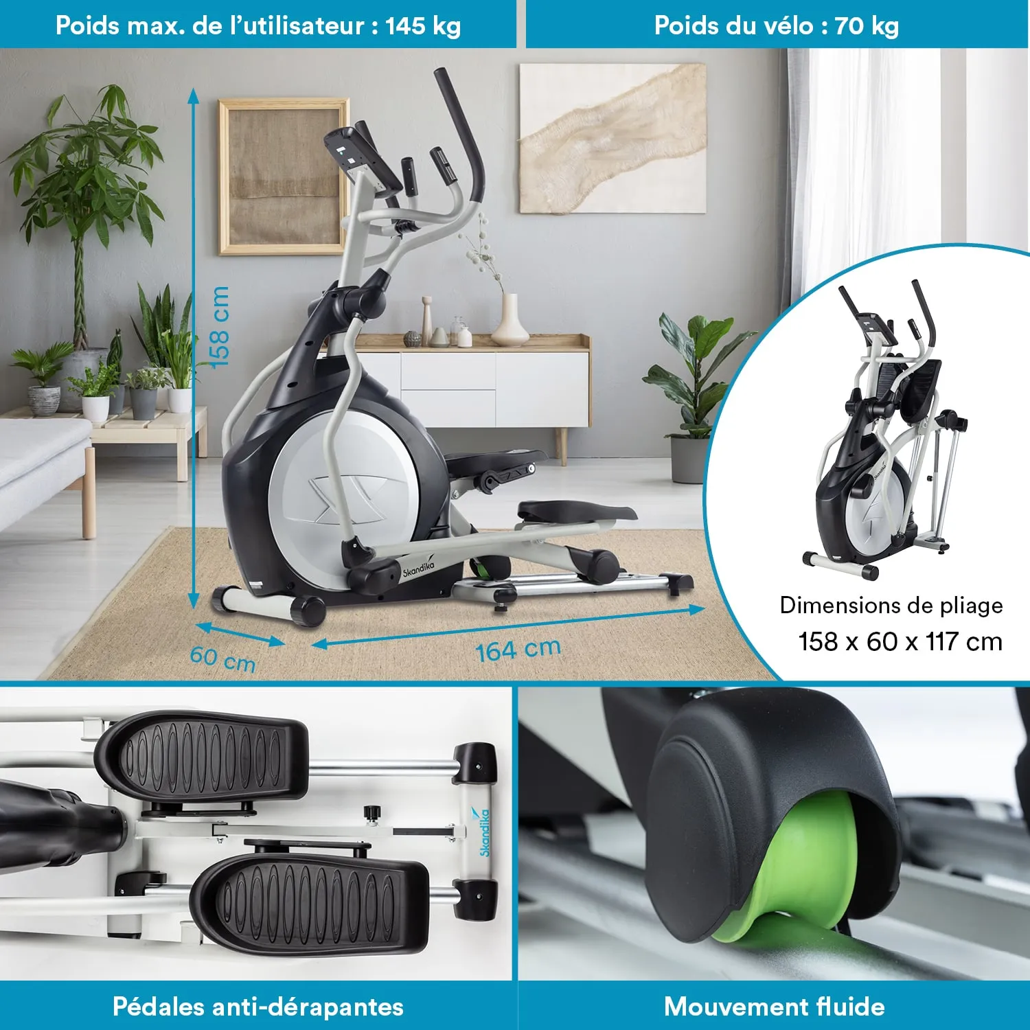 Ellipsentrainer mit technischen Daten und Maßen, platziert auf einem Teppich in einem modernen Raum mit Pflanzen und Möbeln.