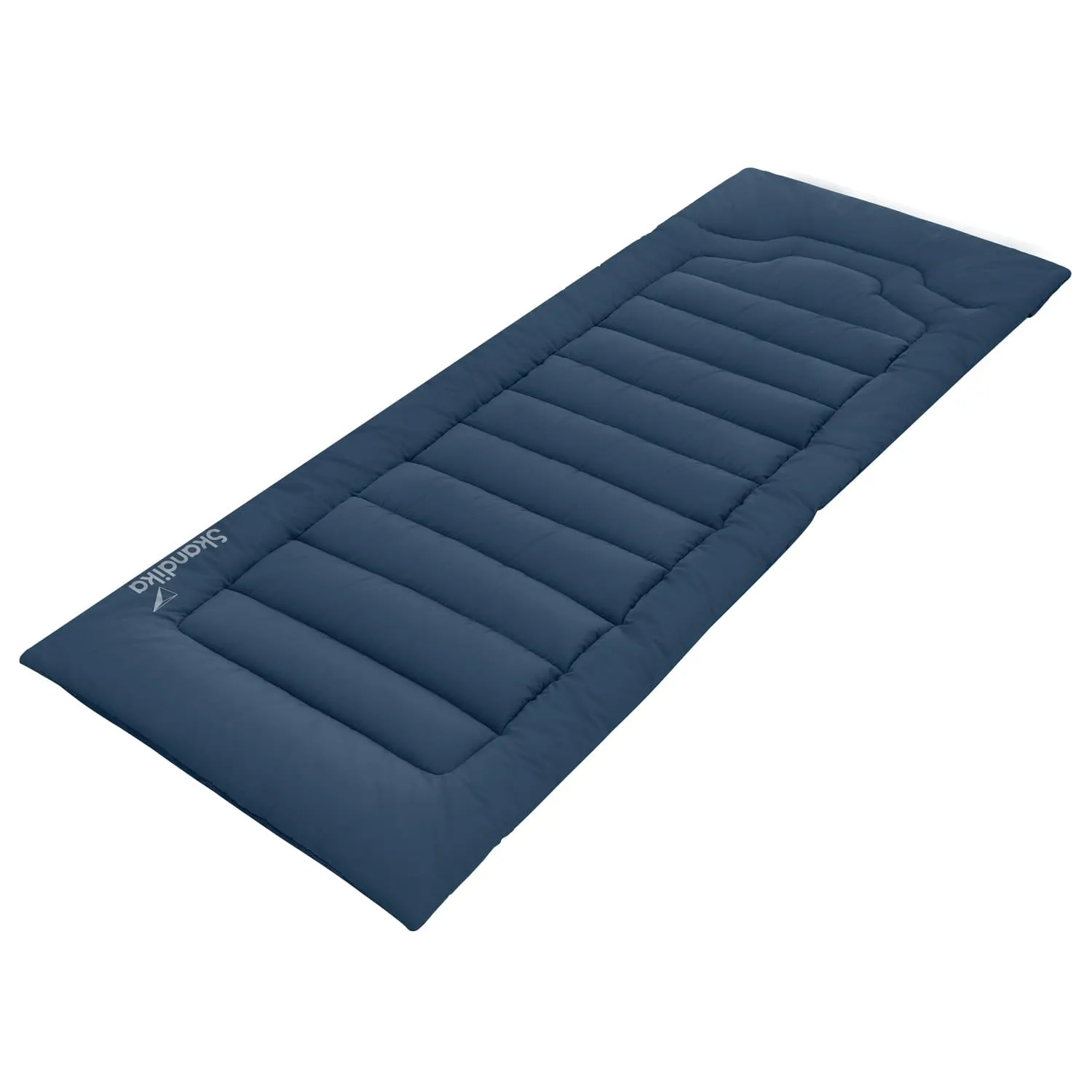 Dunkelblaues Schlafpolster mit gepolstertem Design und gesteppten Mustern. Es hat eine breite, flache Form.