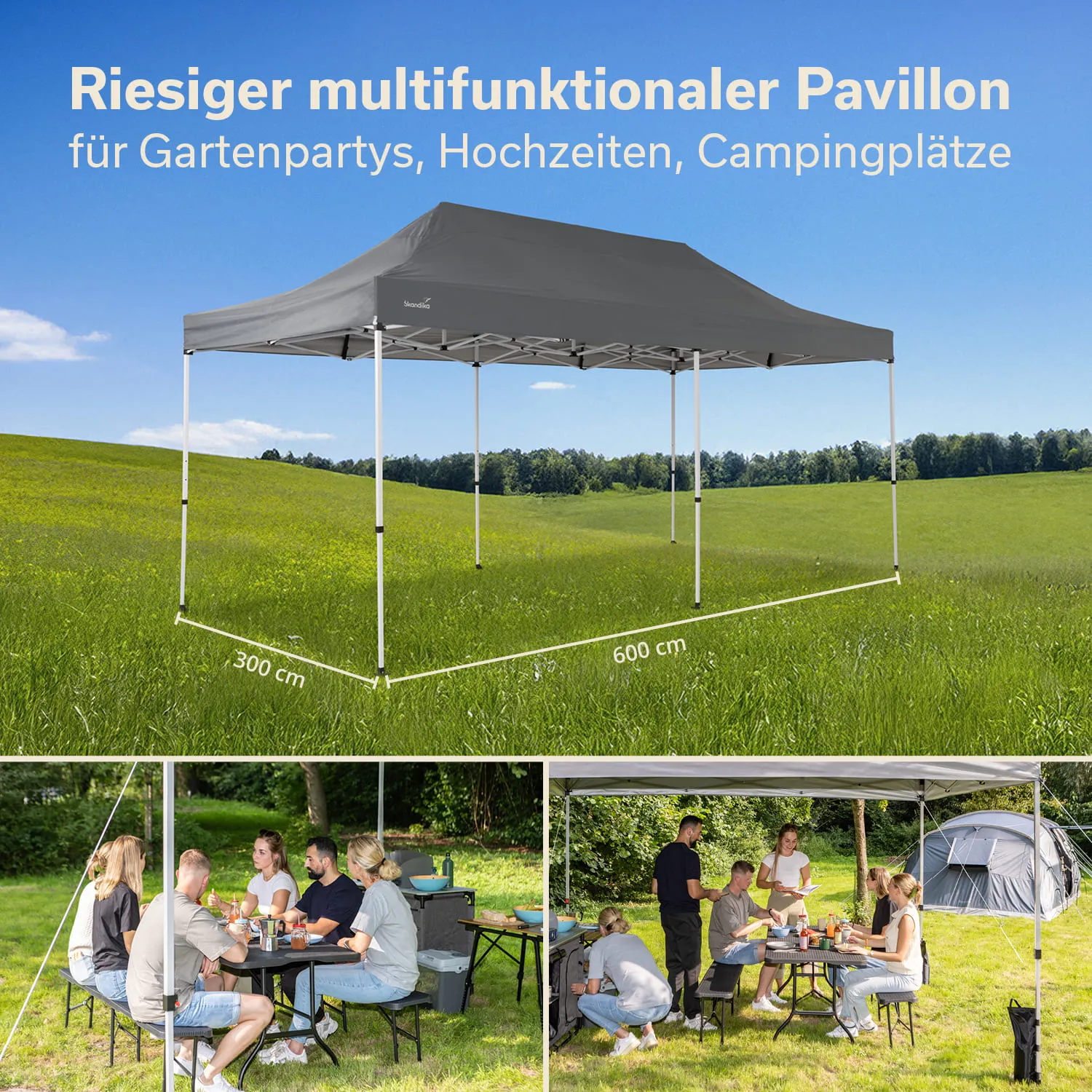 Grau Pavillon auf einer Wiese, daneben eine Gruppe von Personen an einem Tisch, die sich unterhalten und essen. Im Hintergrund Bäume.