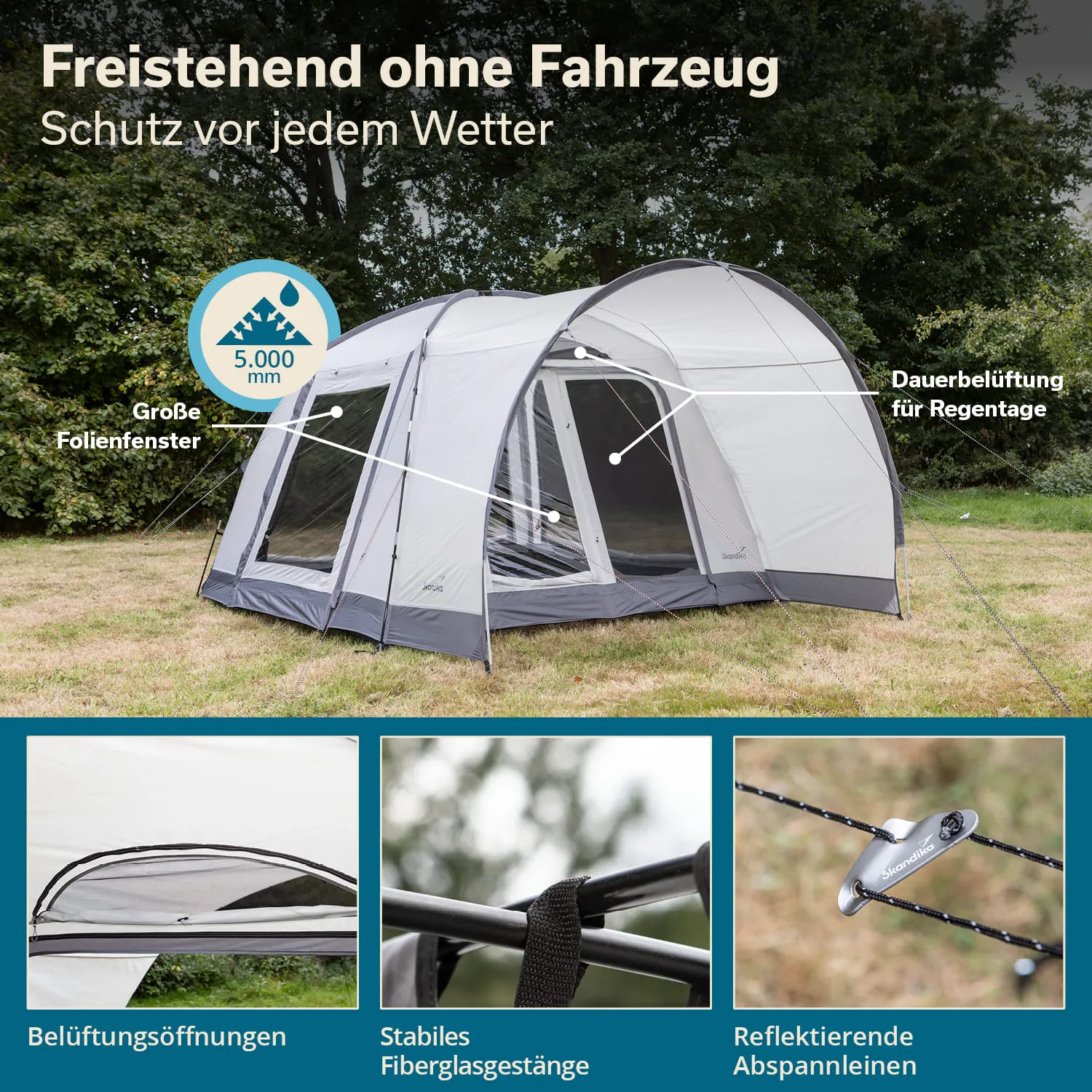 Freistehendes Zelt auf einer Wiese, umgeben von Bäumen. Zelt mit großen Fensteröffnungen, beschriftet mit Details zu Wetterfestigkeit und Belüftung.