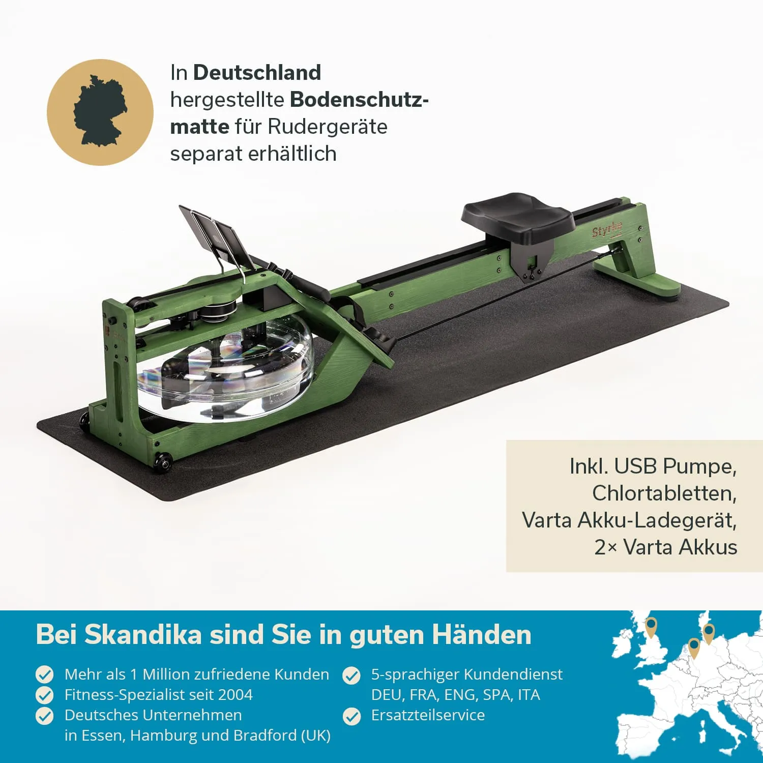 Bodenschutzmatte unter einem Rudergerät. Das Rudergerät ist grün mit einem transparenten Wassertank. Textelemente beschreiben das Produkt und Dienstleistungen.