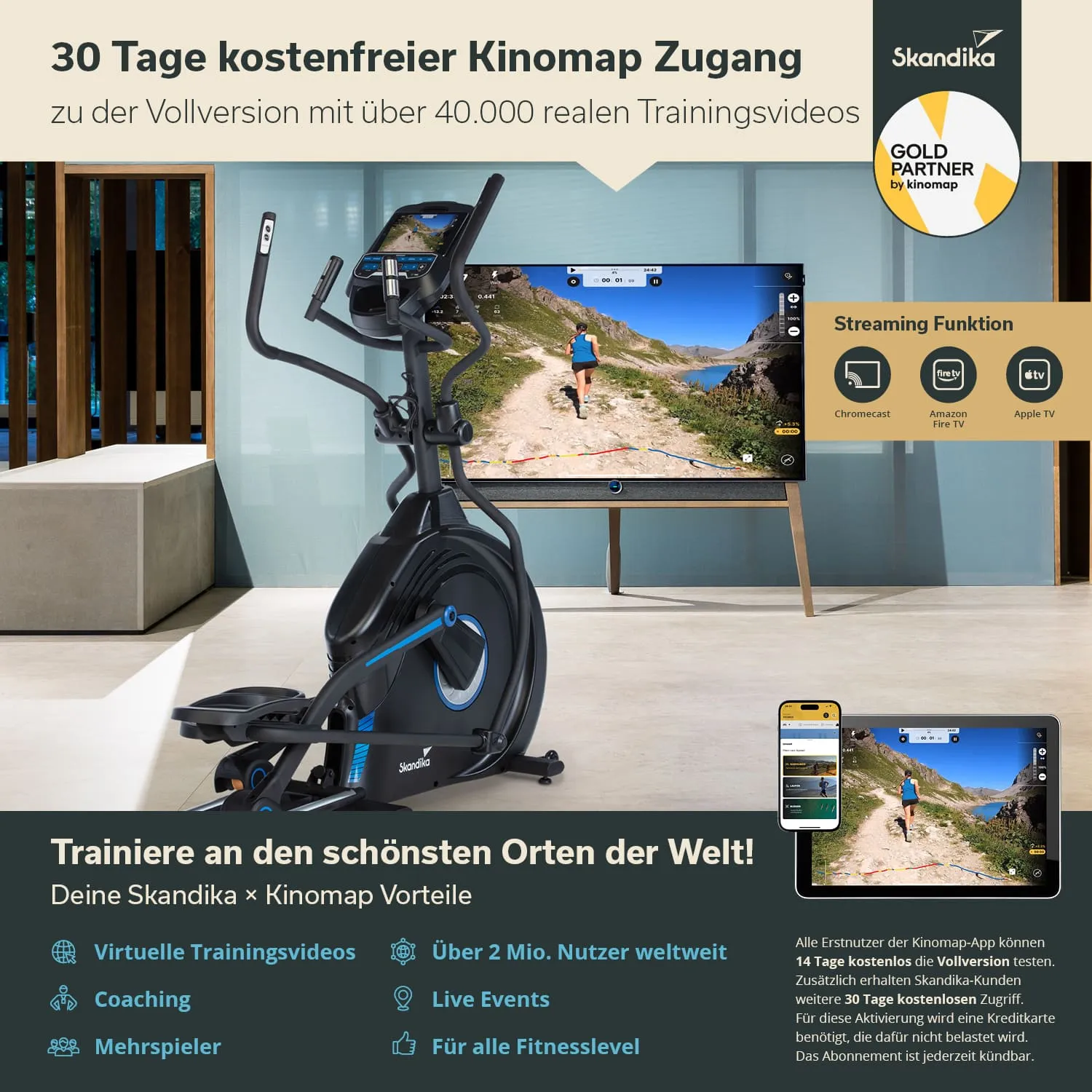 Ein Fitnessgerät (Ellipsentrainer) steht vor einem Fernseher, der eine Landschaft zeigt. Informationen über Kinomap und Vorteile sind sichtbar.