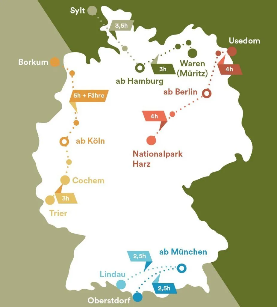 Landkarte von Deutschland mit Zugverbindungen