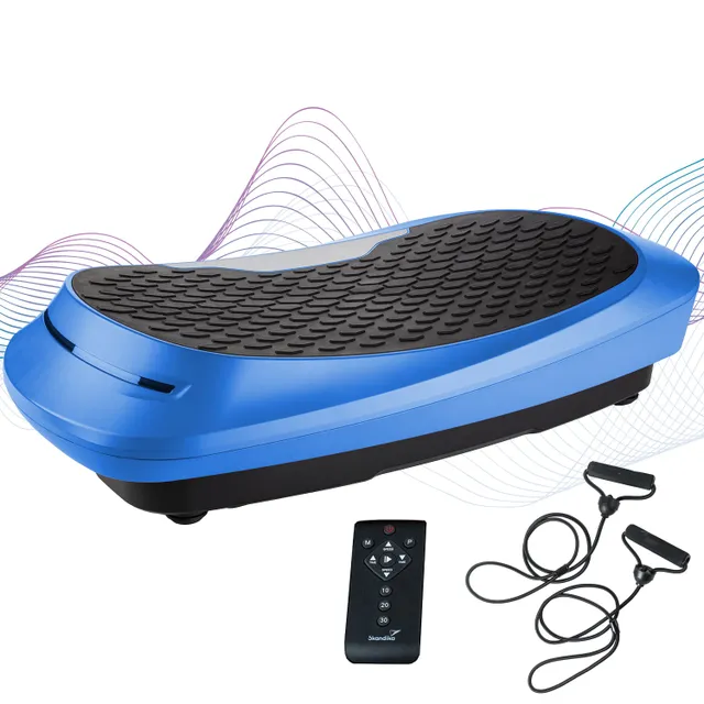Vibrationsgerät in Blau mit rutschfester Oberfläche, einschließlich Fernbedienung und zwei Fitnessbändern.