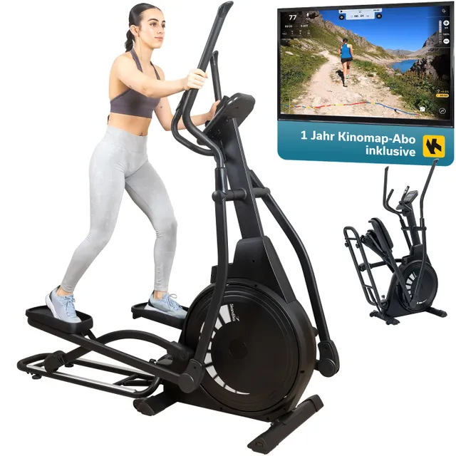 Ein Trainingsgerät (Ellipsentrainer) mit einer Person in sportlicher Kleidung, die darauf steht. Im Hintergrund ein Bildschirm mit einer Laufstrecke und einem Angebot.