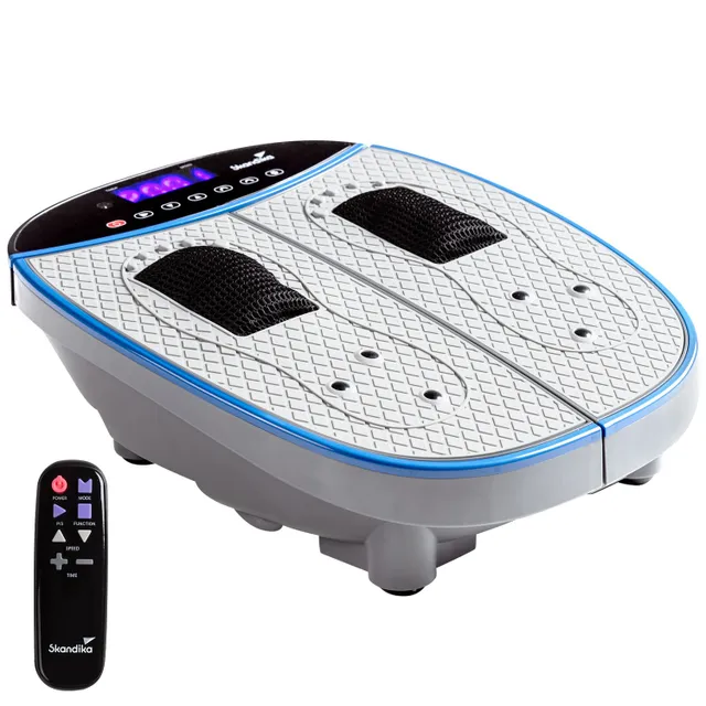 Elektro-Fußmassagegerät mit zwei rutschfesten Stellen, digitalem Display und Fernbedienung. Gerät in Grau und Blau.