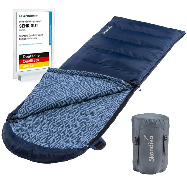 Blau gefütterter Schlafsack mit geometrischem Innenmuster und einer grauen Verpackung. Bewertungsplakat mit „SEHR GUT“-Auszeichnung.