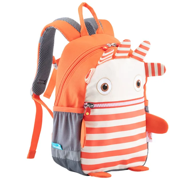 Oranger Rucksack mit niedlichem Design, gestreifter Vorderseite und Augen, zwei kleinen Armen und einem Reißverschluss.