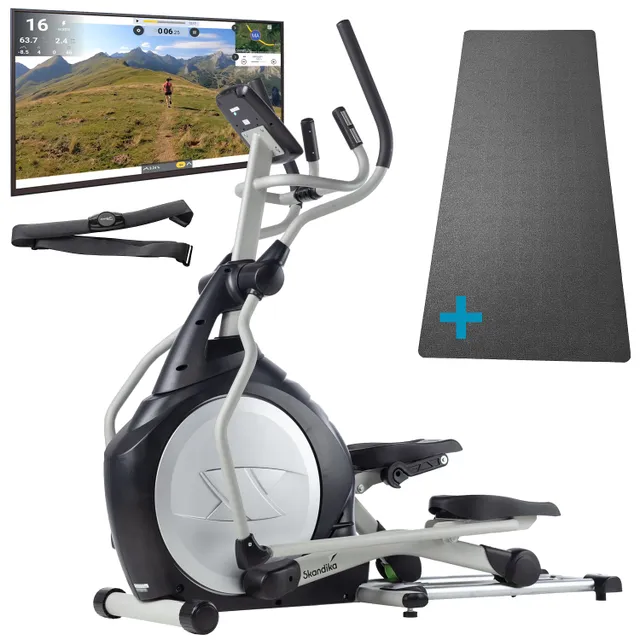 Ellipsentrainer mit Bildschirm, Fitnessgurt und Yogamatte auf weißem Hintergrund. Der Bildschirm zeigt eine Landschaft.