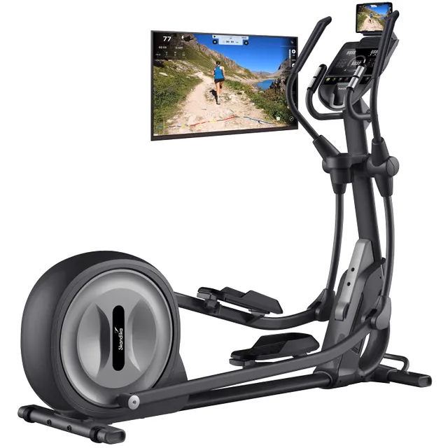 Ellipsentrainer mit einem Bildschirm, der eine Laufstrecke zeigt. Der Trainer hat Pedale und Handgriffe.