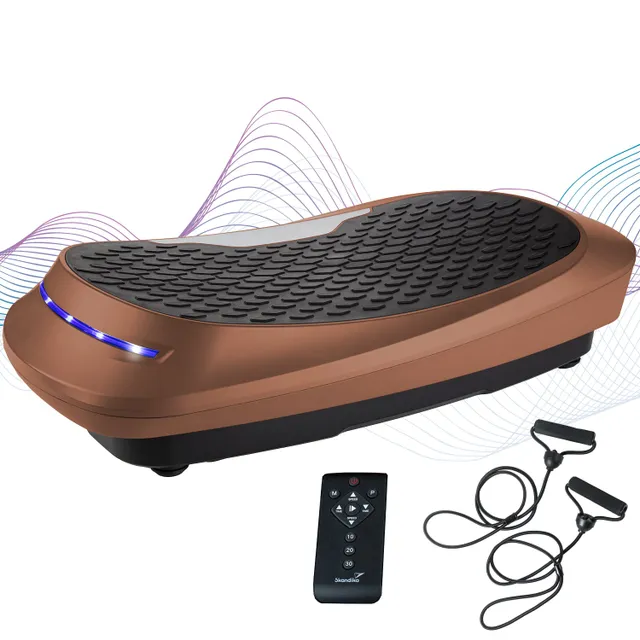 Ein vibrationsbasiertes Fitnessgerät in Brauntönen mit rutschfester Oberfläche, einer LED-Leiste und einem Handfernbedienung sowie zwei Widerstandsbändern.