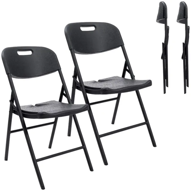 Zwei faltbare schwarze Stühle mit grauen Sitzflächen, neben zwei zusammengeklappten Stühlen dargestellt.